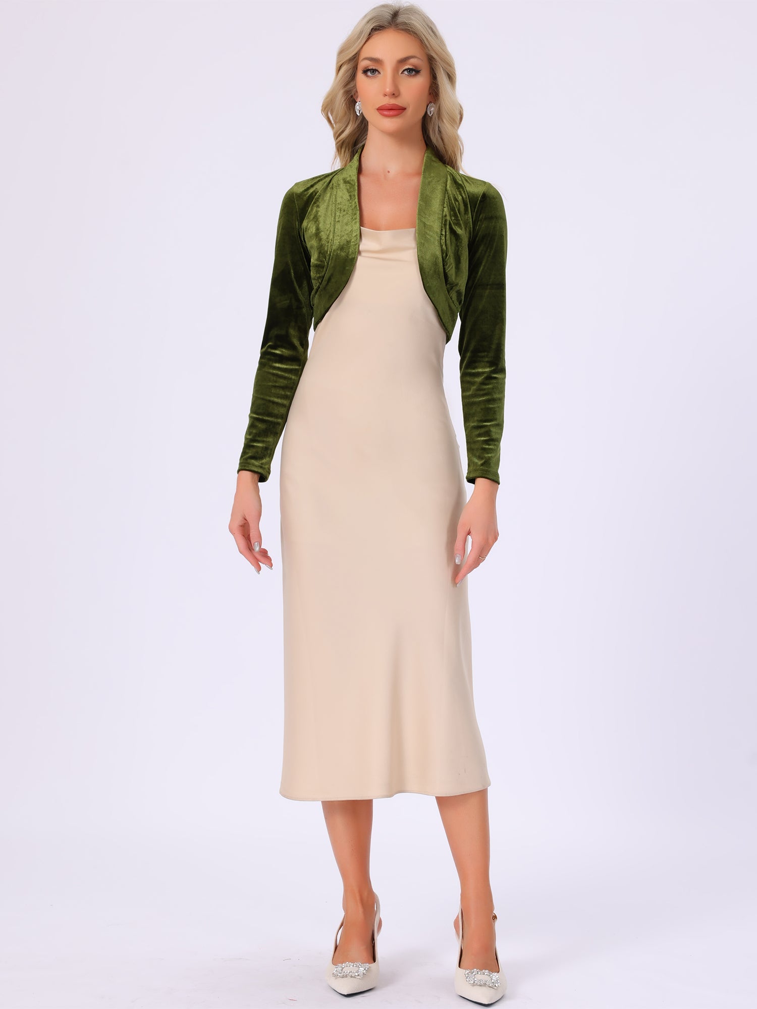 Open Front Velvet Long Sleeve Cropped Bolero Shrugs