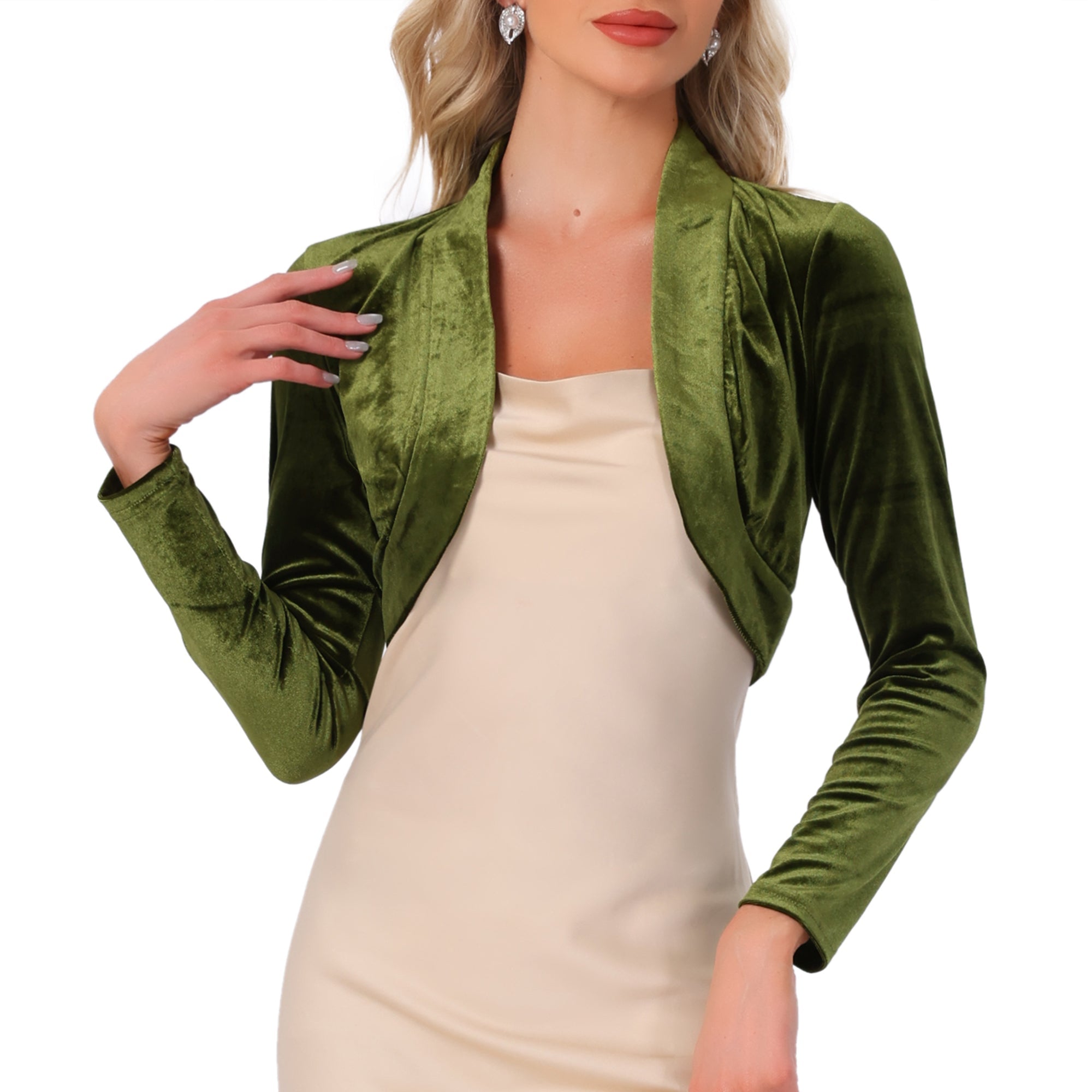 Open Front Velvet Long Sleeve Cropped Bolero Shrugs