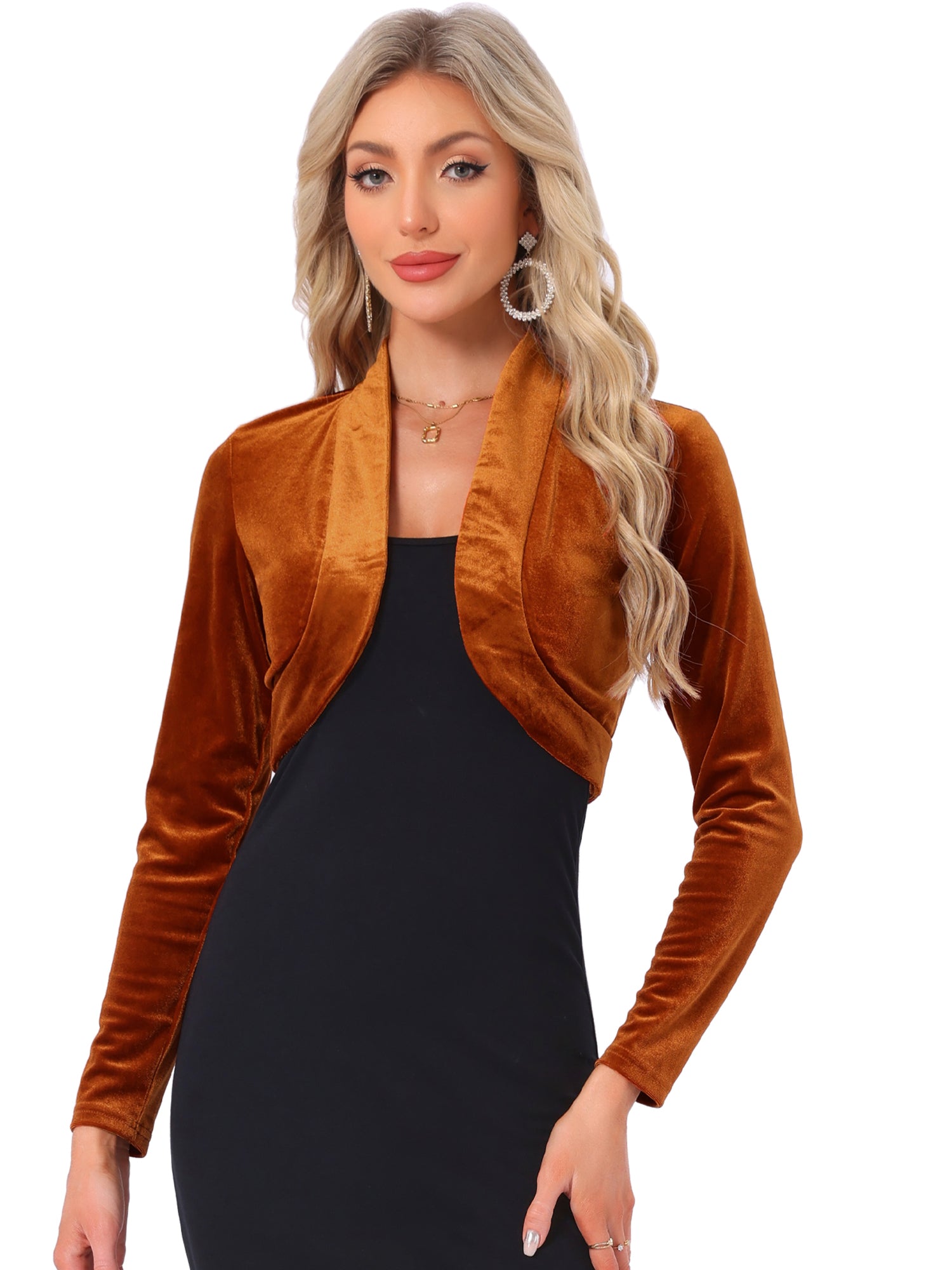 Open Front Velvet Long Sleeve Cropped Bolero Shrugs