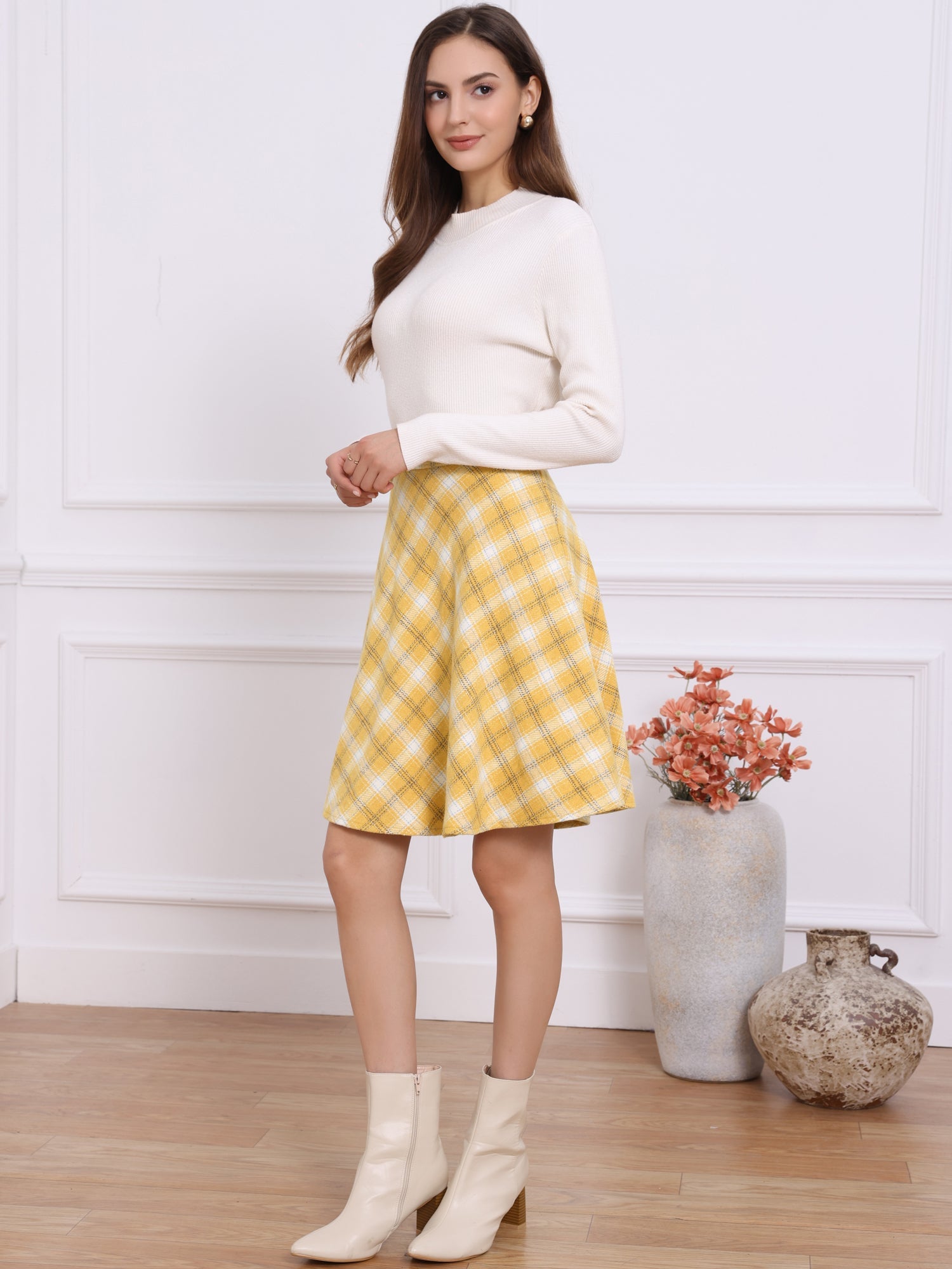Vintage Plaid Tartan Elastic Waist Knee Length A-Line Skirt