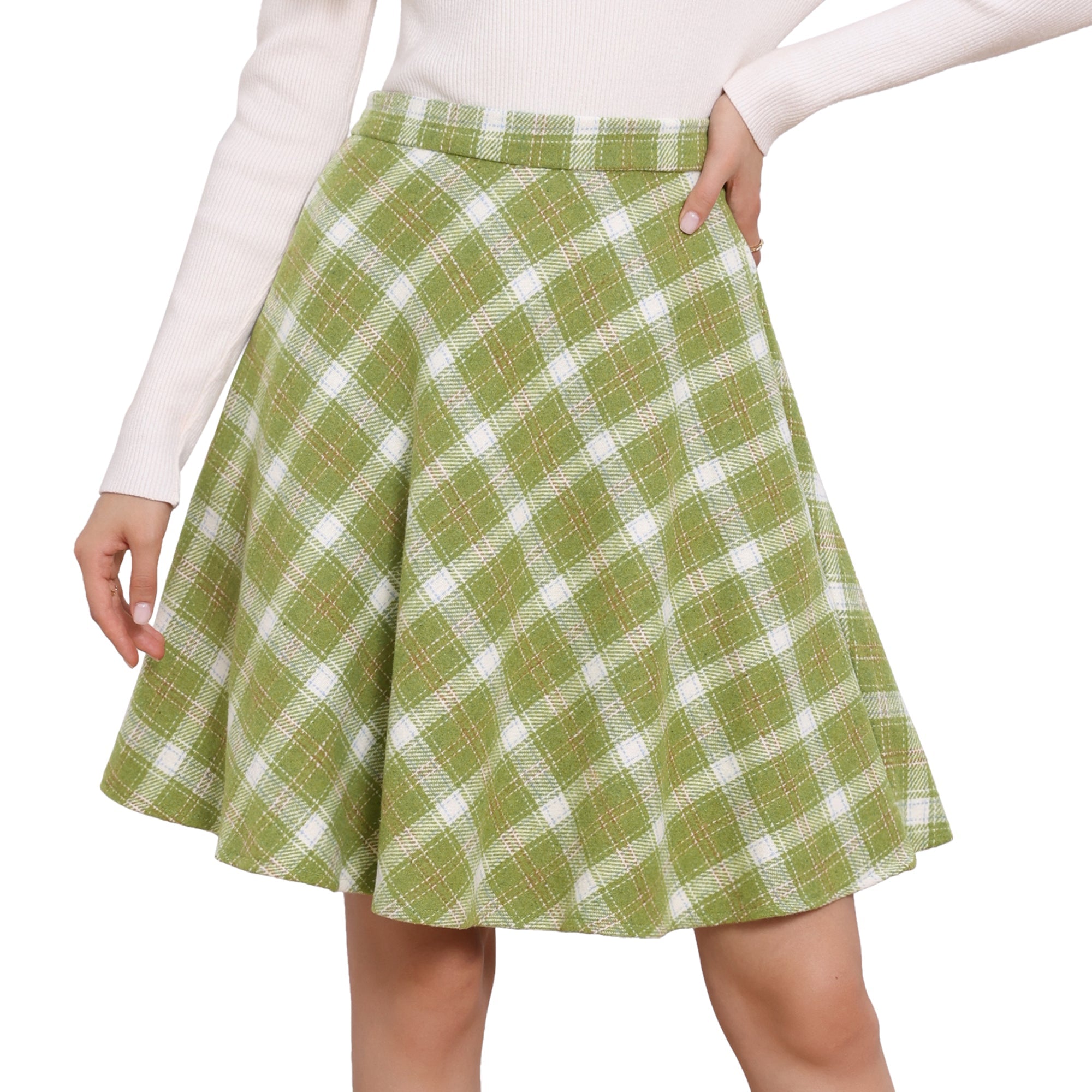 Vintage Plaid Tartan Elastic Waist Knee Length A-Line Skirt