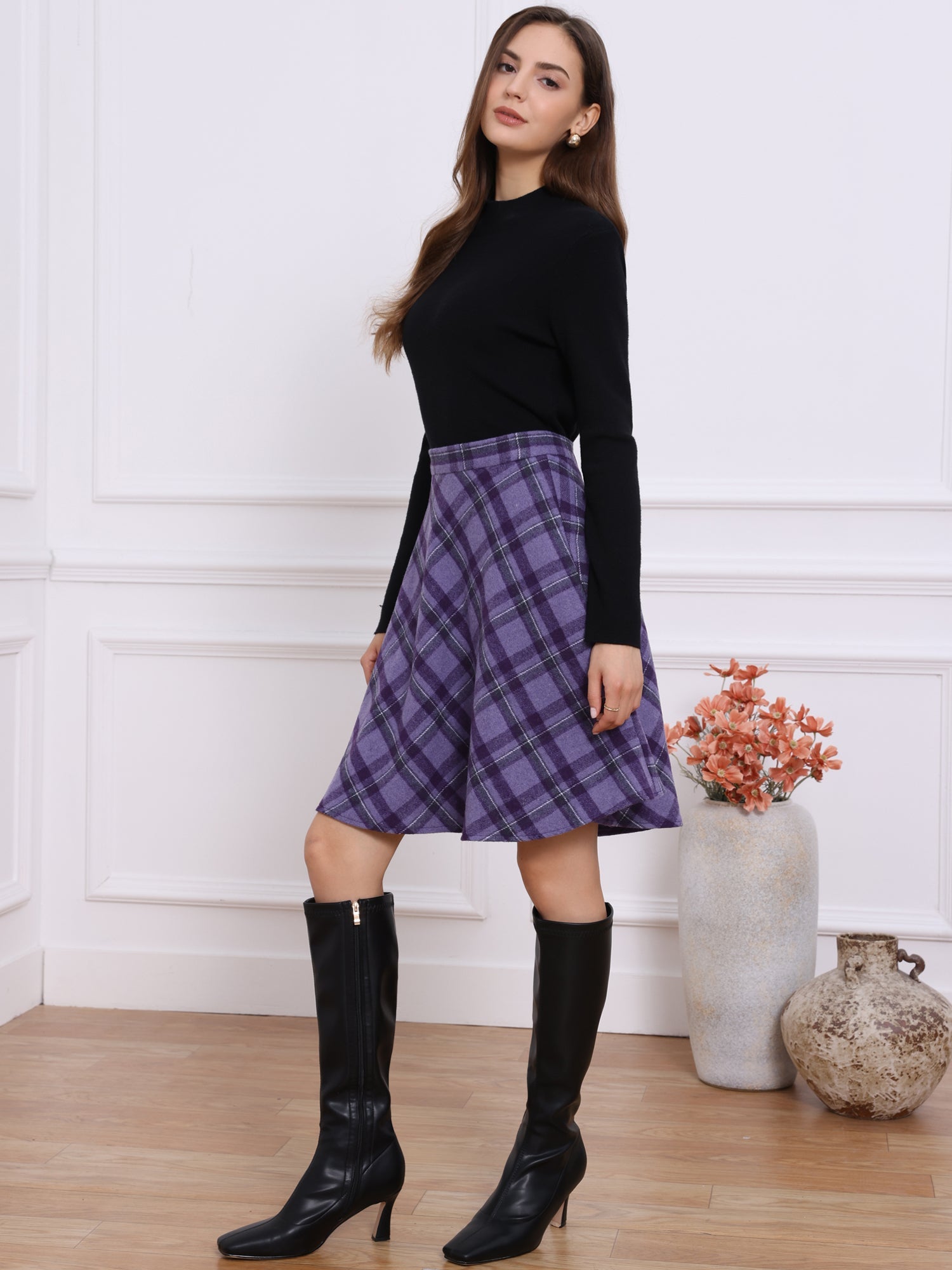 Vintage Plaid Tartan Elastic Waist Knee Length A-Line Skirt