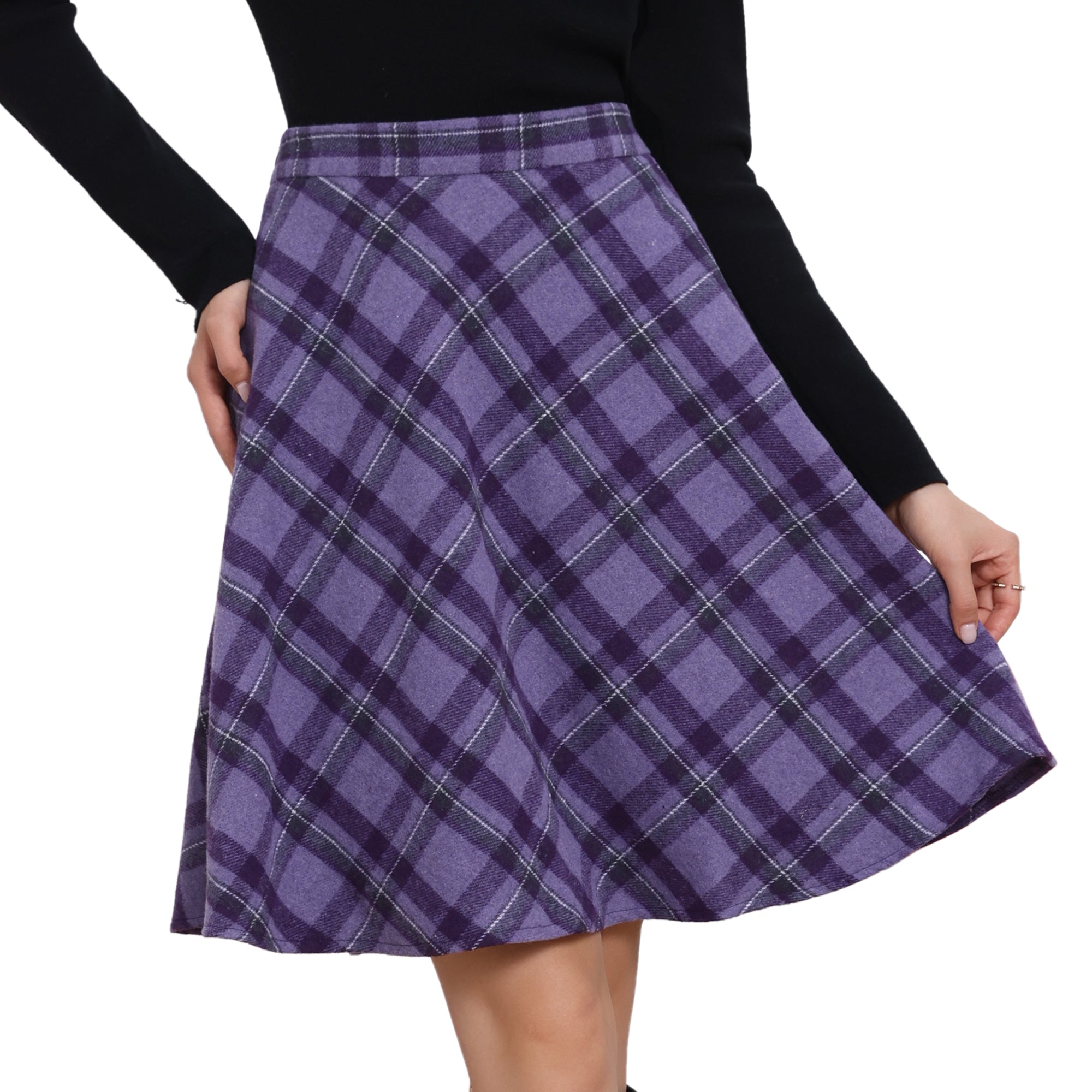 Vintage Plaid Tartan Elastic Waist Knee Length A-Line Skirt