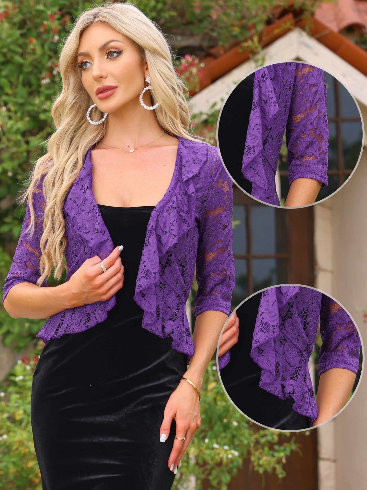Lace Sheer 3/4 Sleeve Ruffle Hem Open Front Bolero Shrug