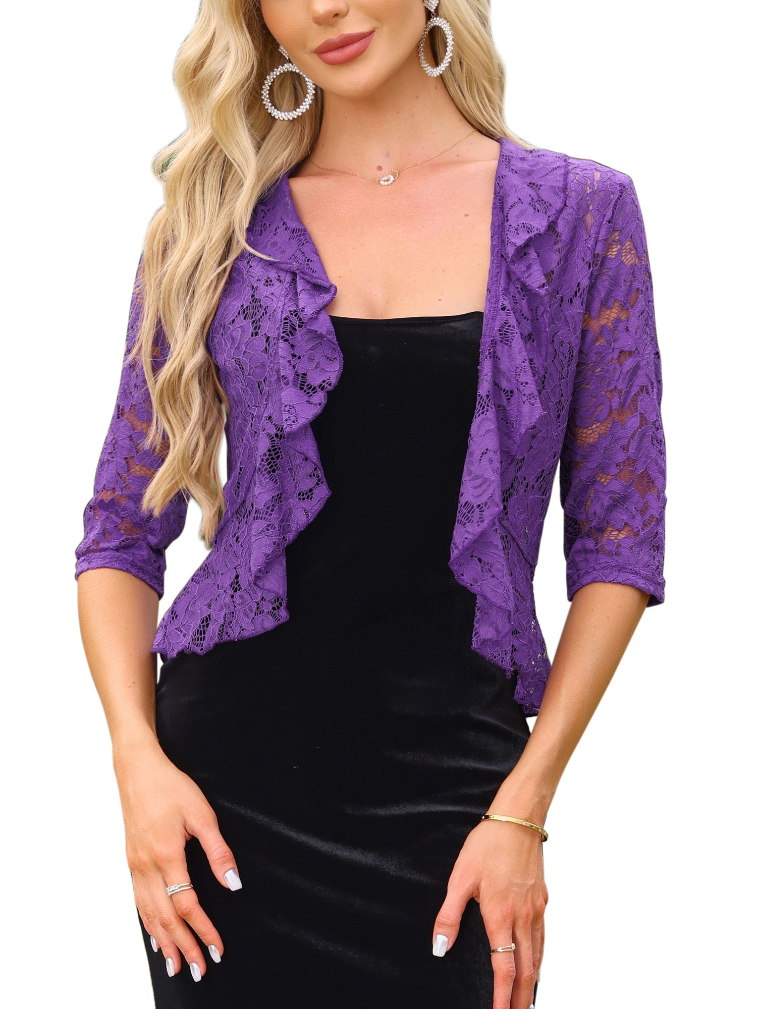 Lace Sheer 3/4 Sleeve Ruffle Hem Open Front Bolero Shrug