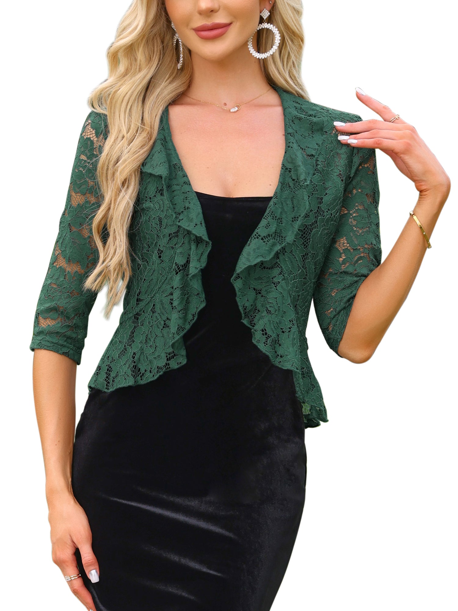Lace Sheer 3/4 Sleeve Ruffle Hem Open Front Bolero Shrug
