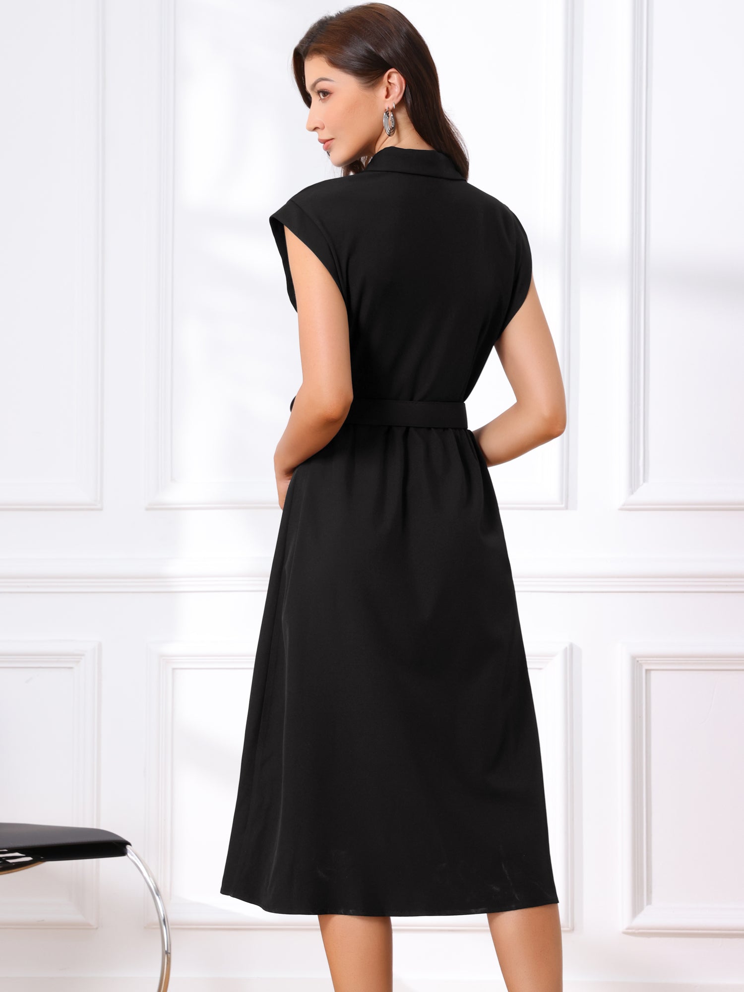 Cap Sleeves Collared Button Down Belted Midi Work Dress