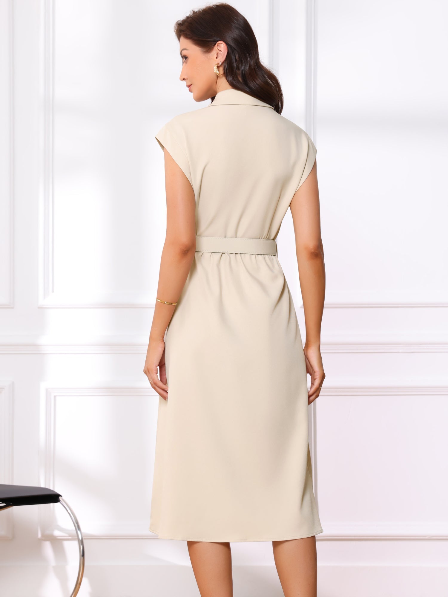 Cap Sleeves Collared Button Down Belted Midi Work Dress
