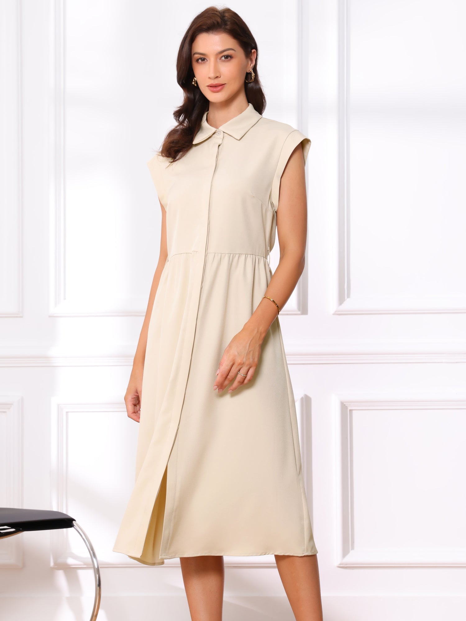 Cap Sleeves Collared Button Down Belted Midi Work Dress