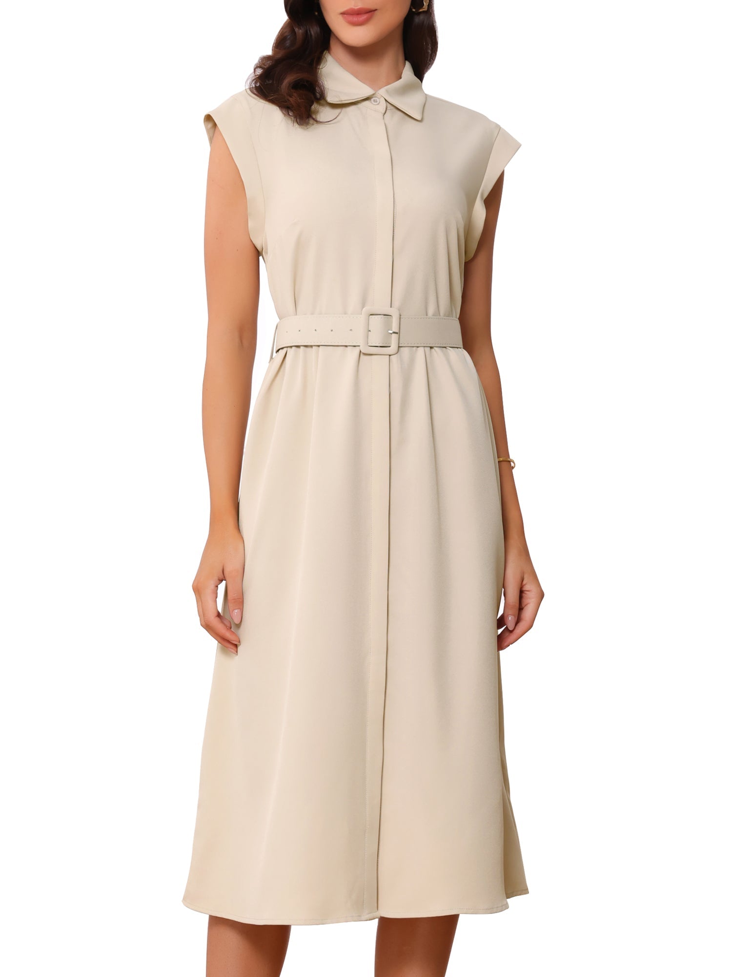 Cap Sleeves Collared Button Down Belted Midi Work Dress