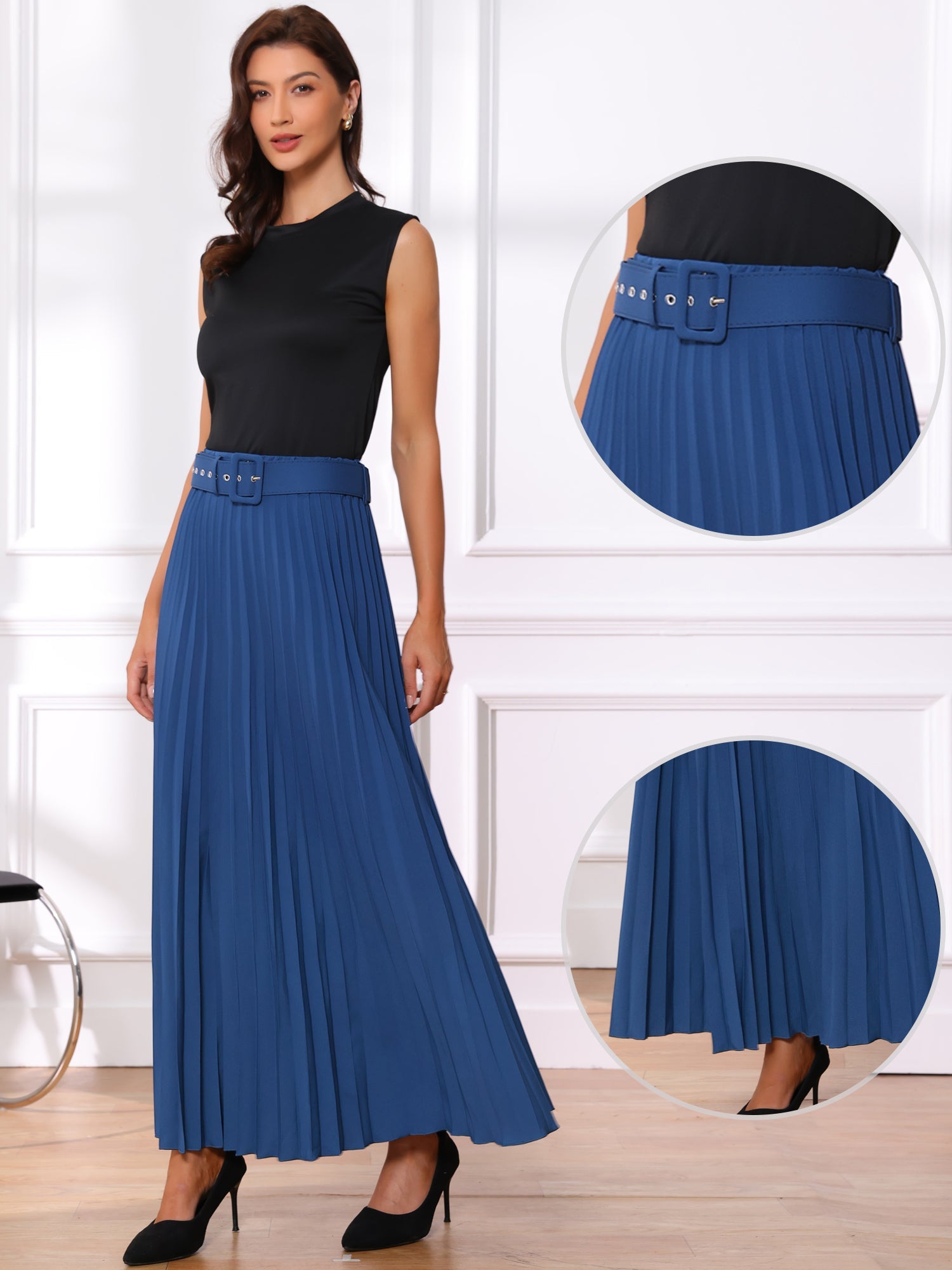 Flowy Pleated Elastic High Waist Belted Swing A-line Maxi Skirt