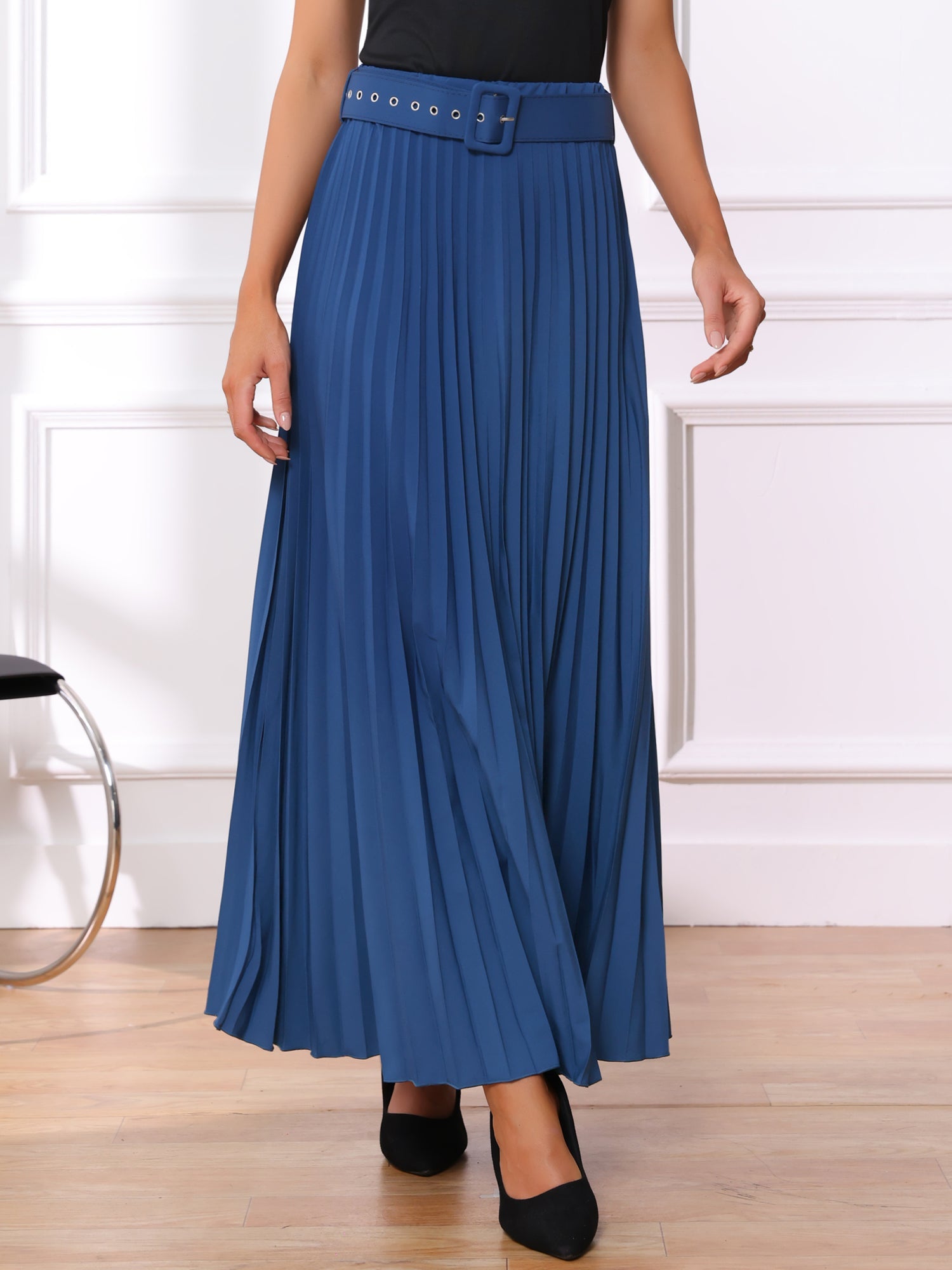 Flowy Pleated Elastic High Waist Belted Swing A-line Maxi Skirt