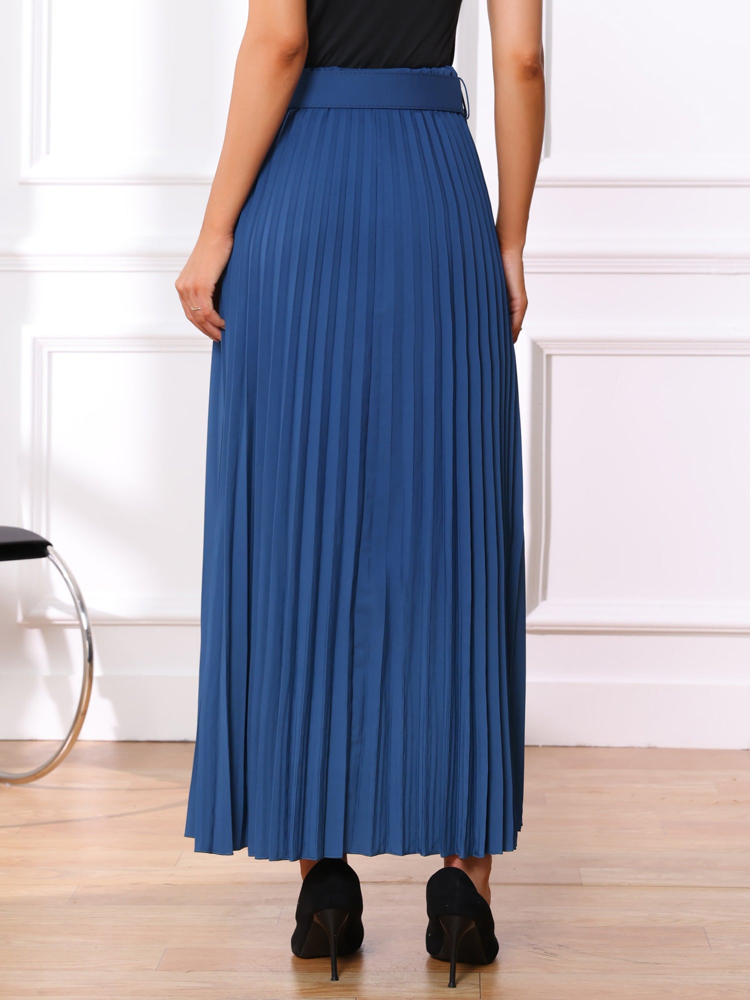 Flowy Pleated Elastic High Waist Belted Swing A-line Maxi Skirt