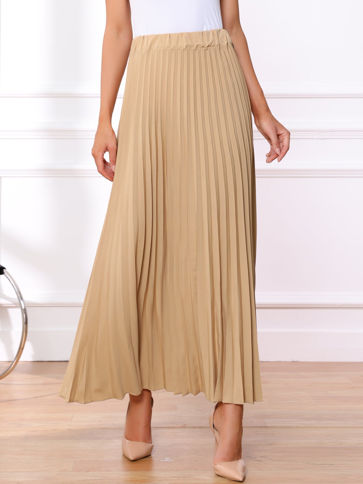 Flowy Pleated Elastic High Waist Belted Swing A-line Maxi Skirt