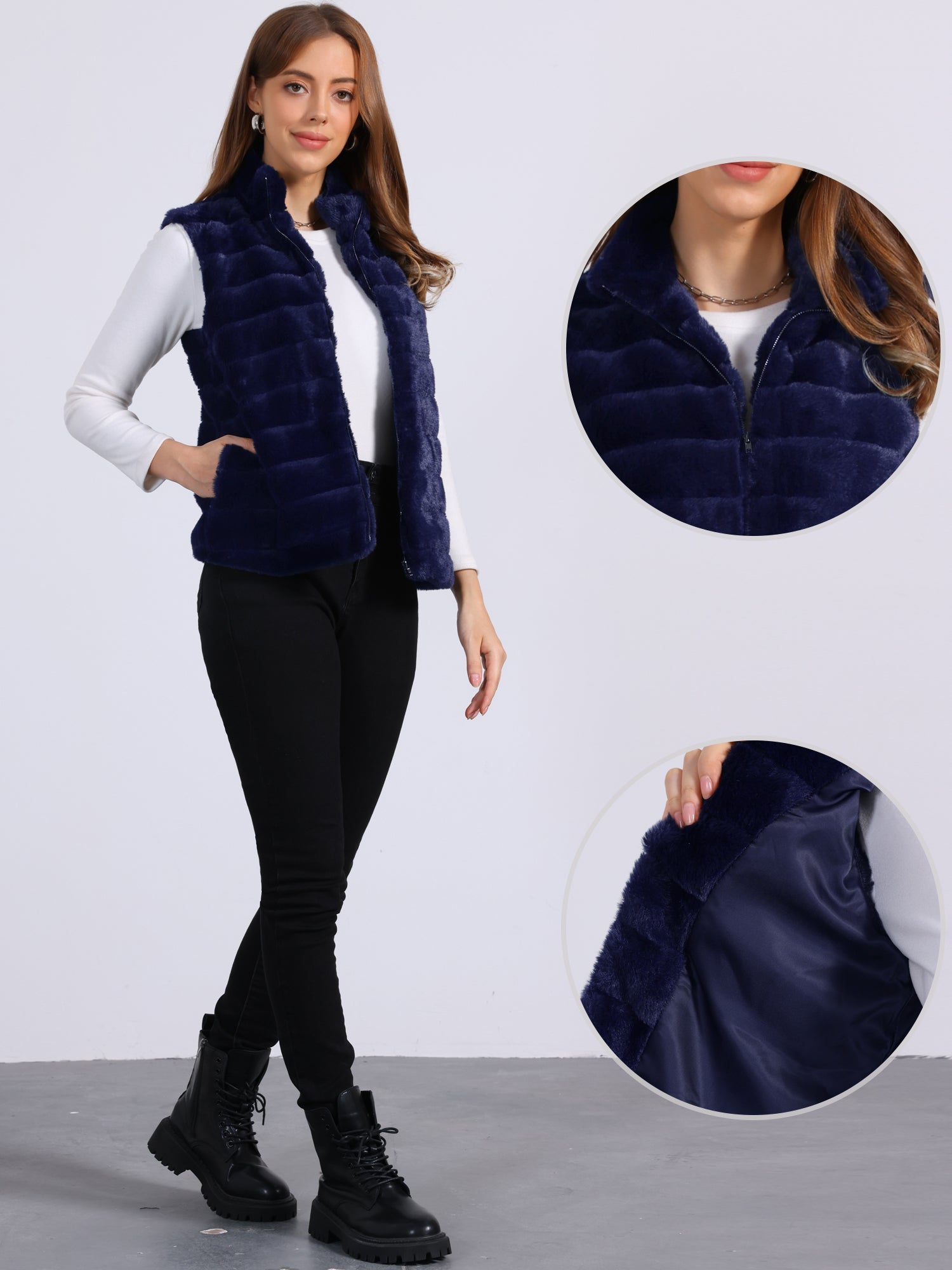 Fluffy Vest Jacket Stand Collar Sleeveless Faux Fur Coat