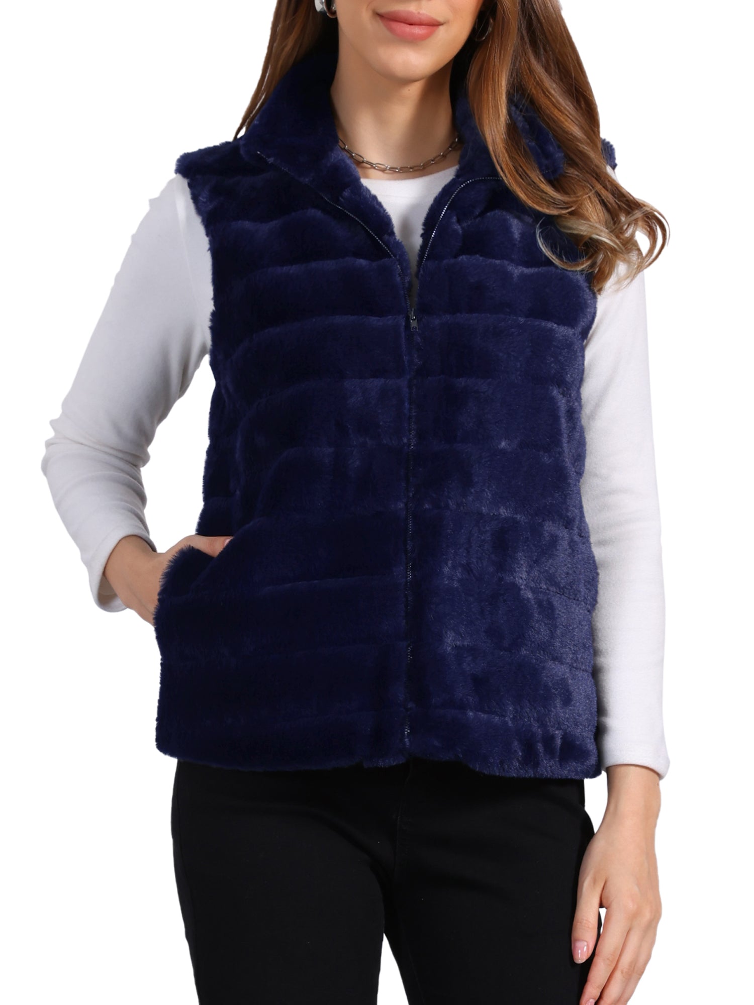 Fluffy Vest Jacket Stand Collar Sleeveless Faux Fur Coat