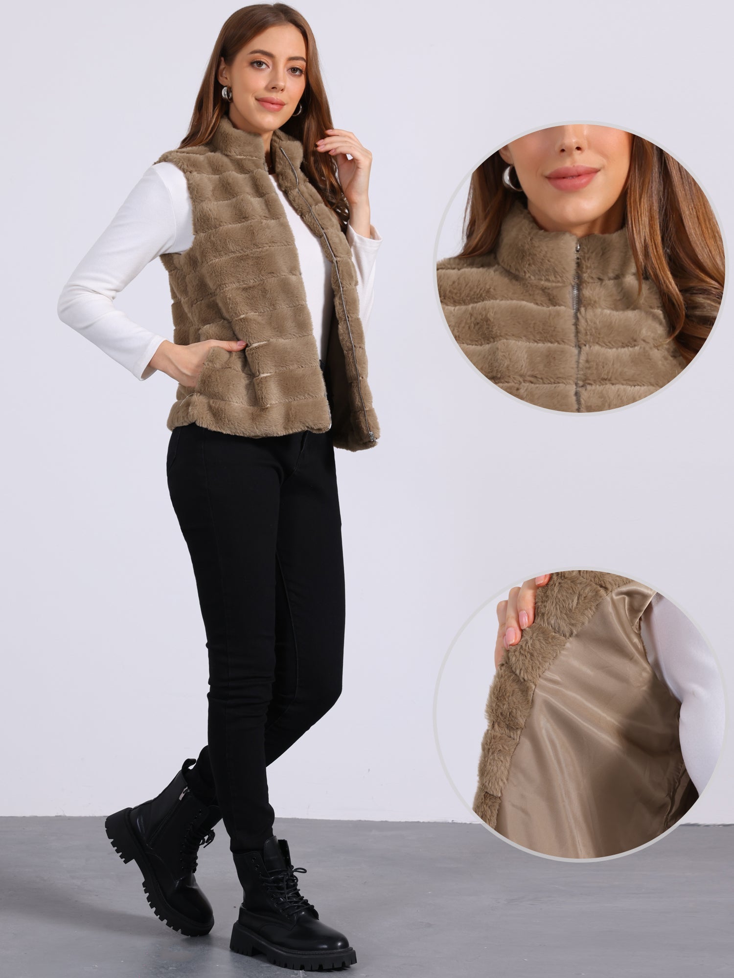 Fluffy Vest Jacket Stand Collar Sleeveless Faux Fur Coat