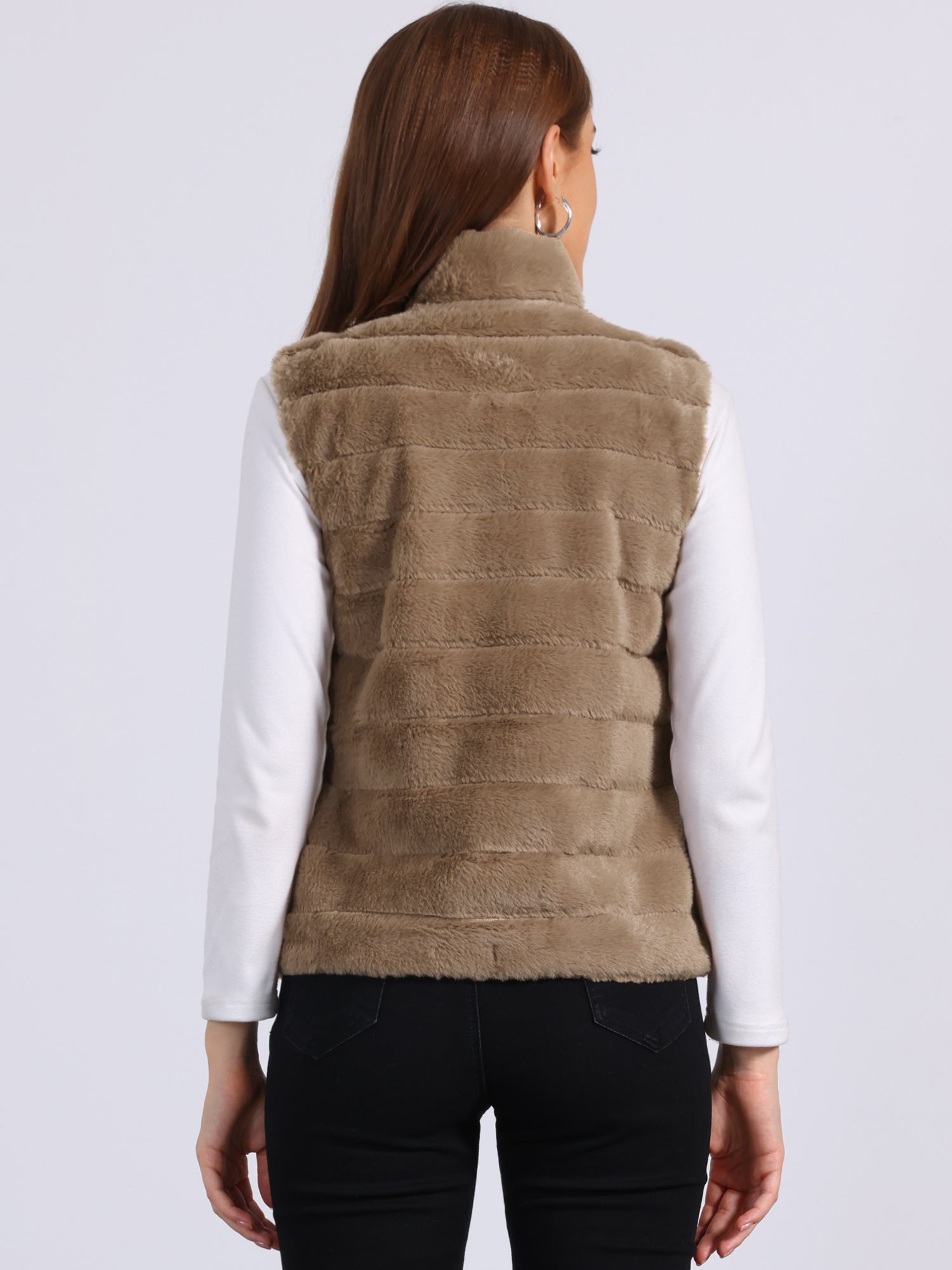 Fluffy Vest Jacket Stand Collar Sleeveless Faux Fur Coat