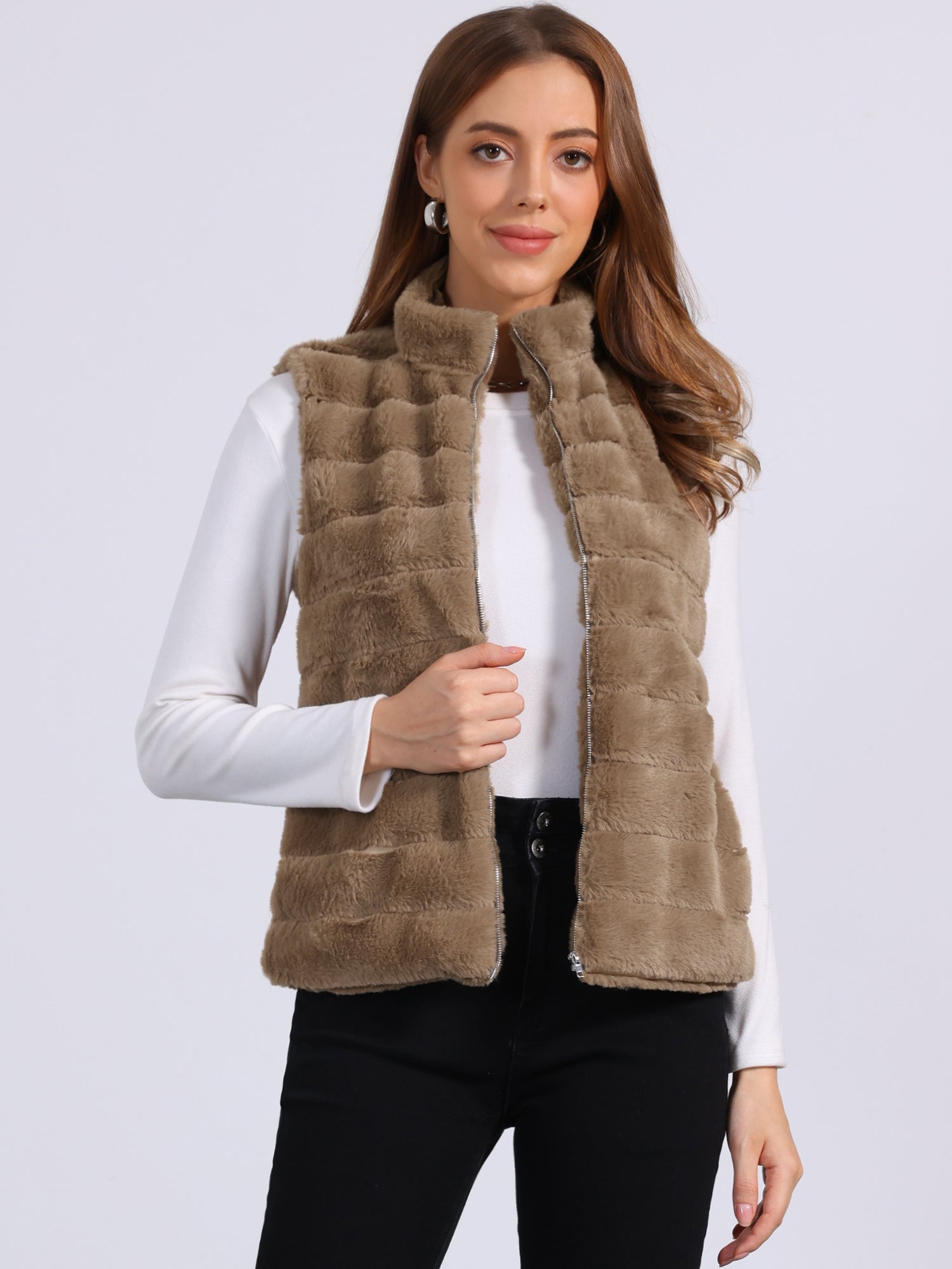 Fluffy Vest Jacket Stand Collar Sleeveless Faux Fur Coat
