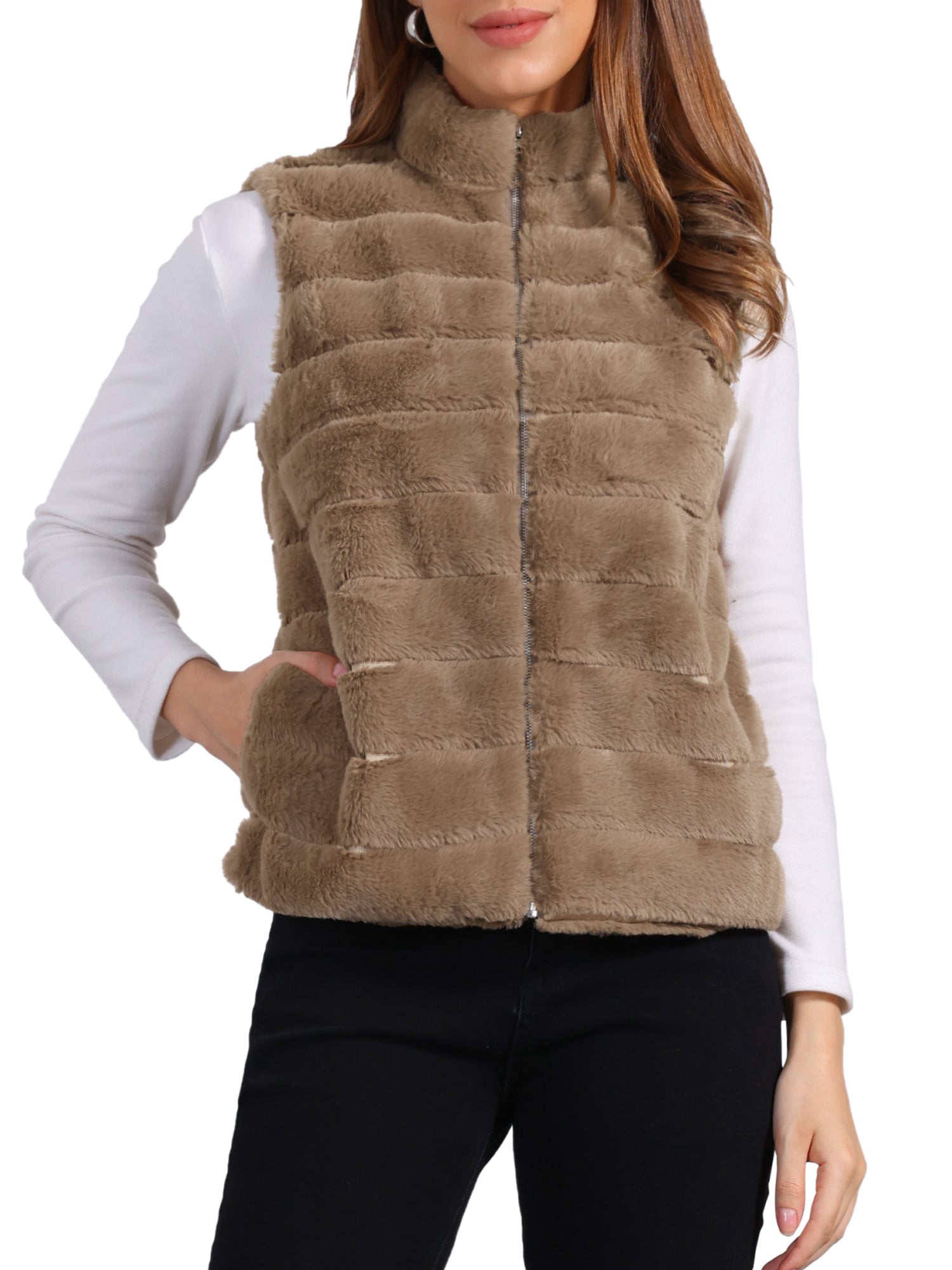 Fluffy Vest Jacket Stand Collar Sleeveless Faux Fur Coat