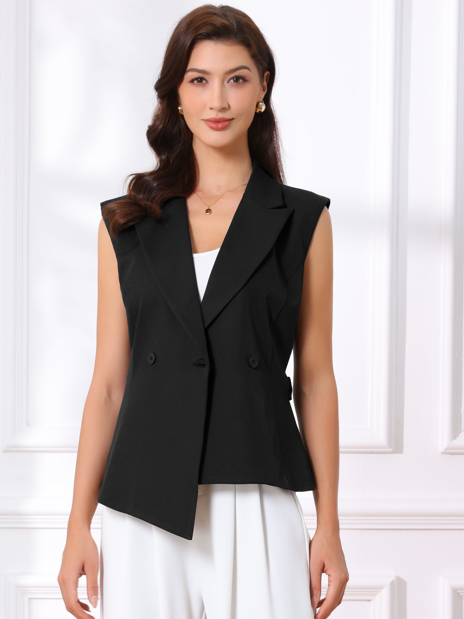 Sleeveless Belted Lapel Collar Work Vest