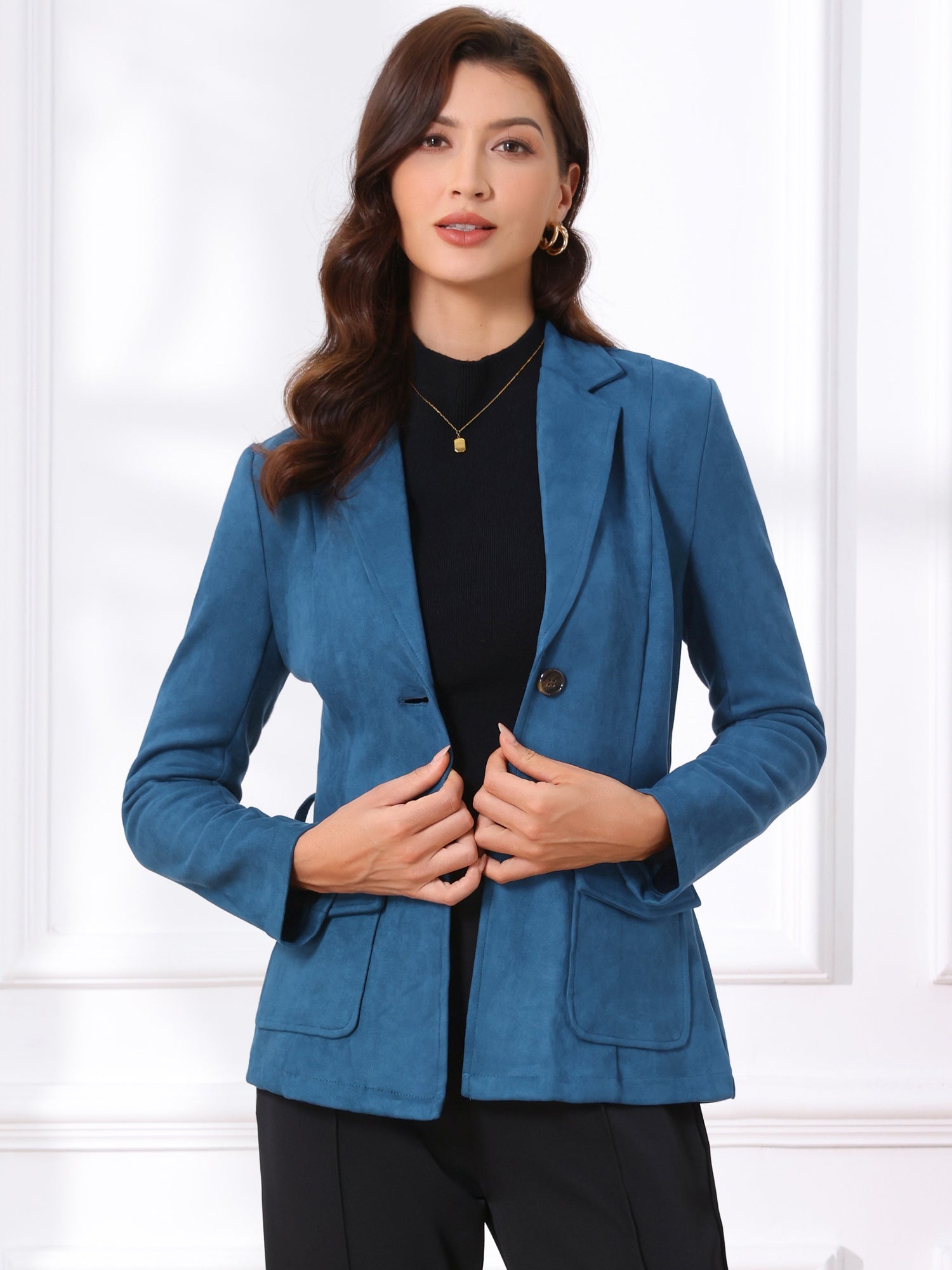Faux Suede Blazer Belted Lapel Outwear Single Breasted Work Jacket