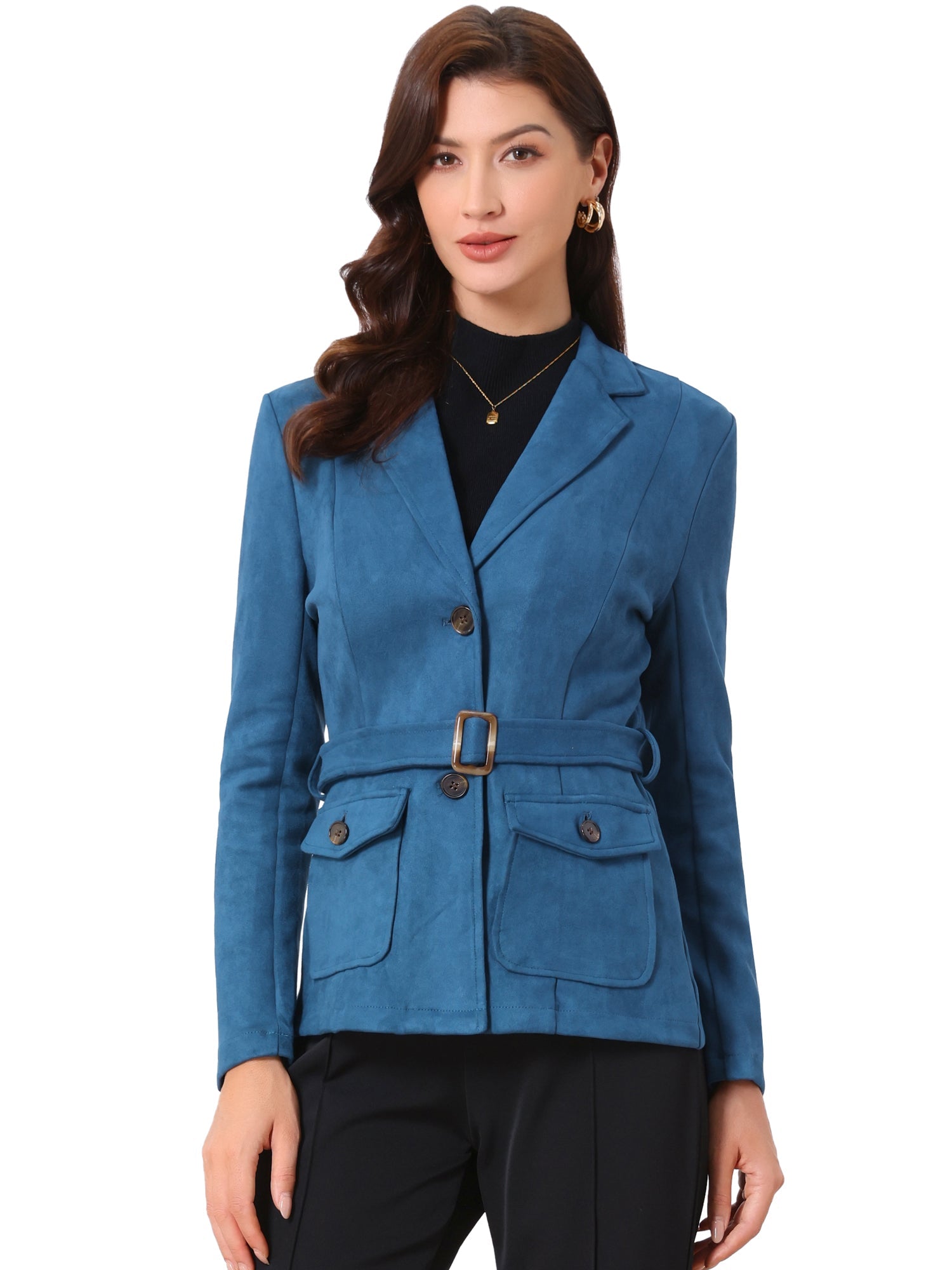 Faux Suede Blazer Belted Lapel Outwear Single Breasted Work Jacket