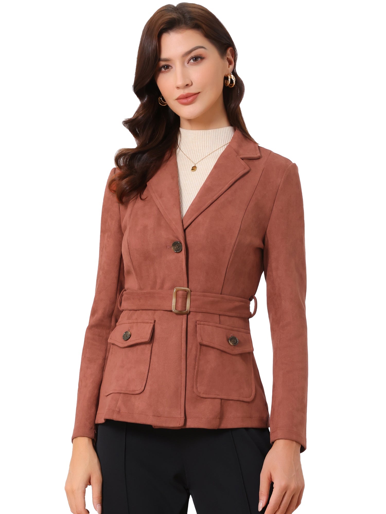 Faux Suede Blazer Belted Lapel Outwear Single Breasted Work Jacket