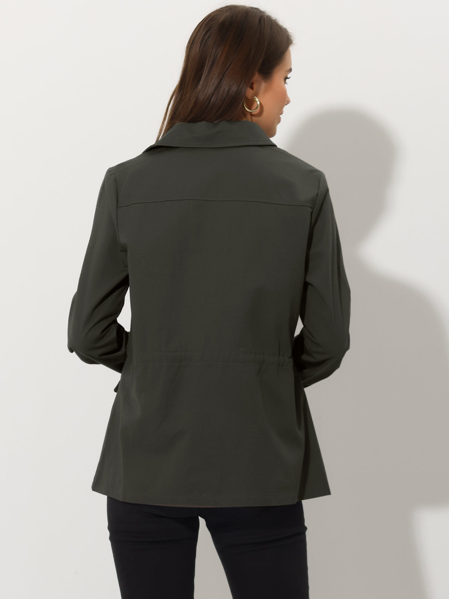 Drawstring Waist Flap Pocket Lightweight Utility Safari Jacket