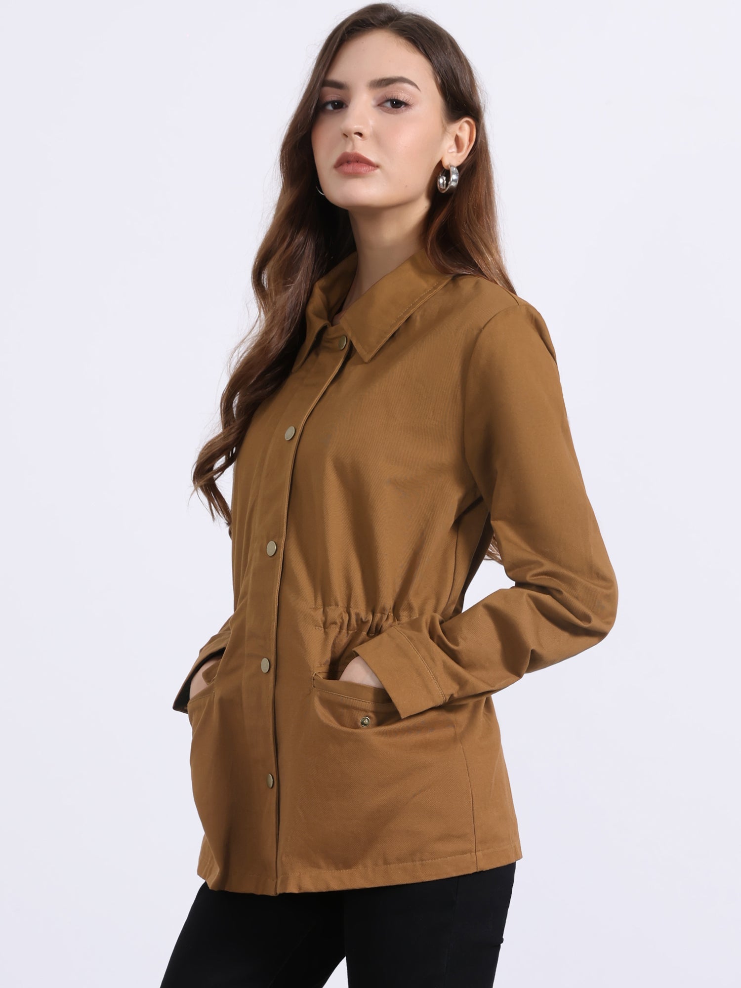 Drawstring Waist Flap Pocket Lightweight Utility Safari Jacket