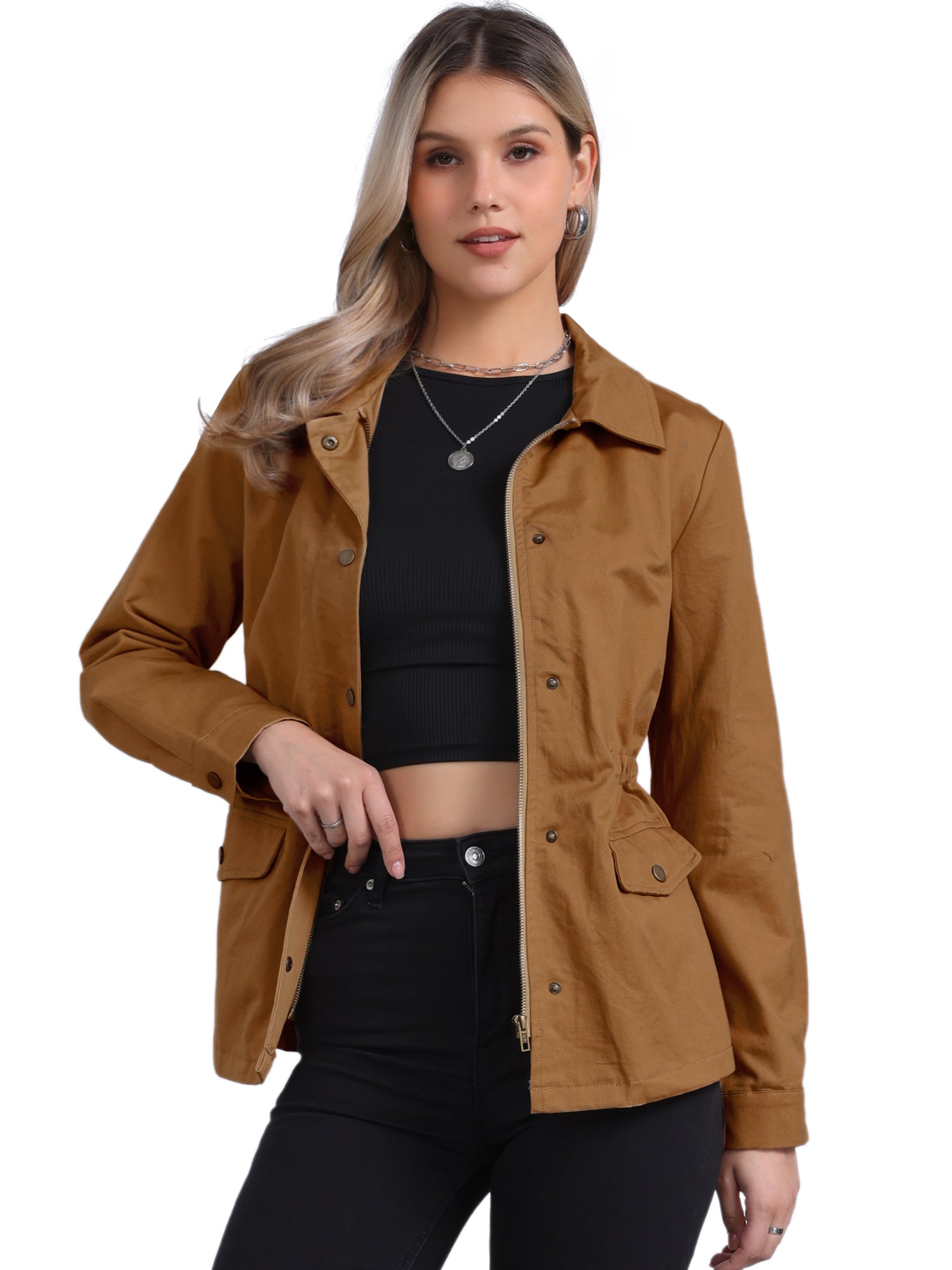 Drawstring Waist Flap Pocket Lightweight Utility Safari Jacket