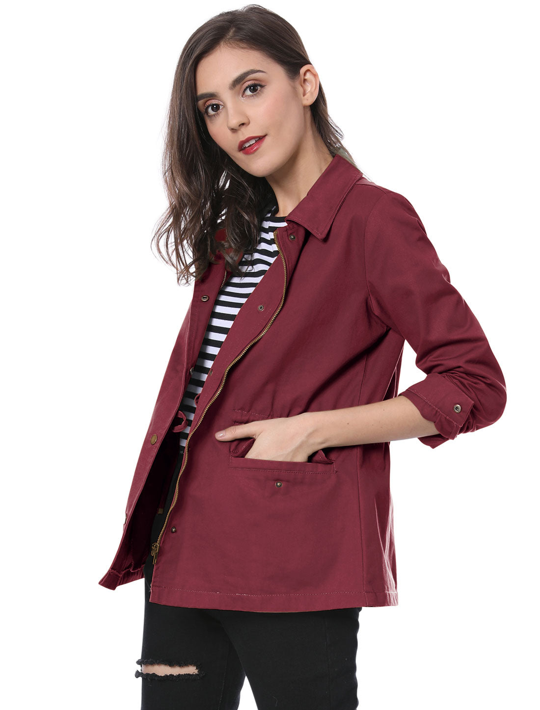 Drawstring Waist Flap Pocket Lightweight Utility Safari Jacket