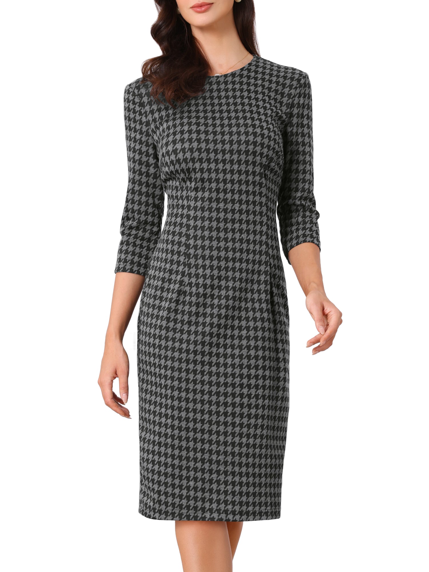 Houndstooth 3/4 Sleeve Elegant Cinched Waist Sheath Dress
