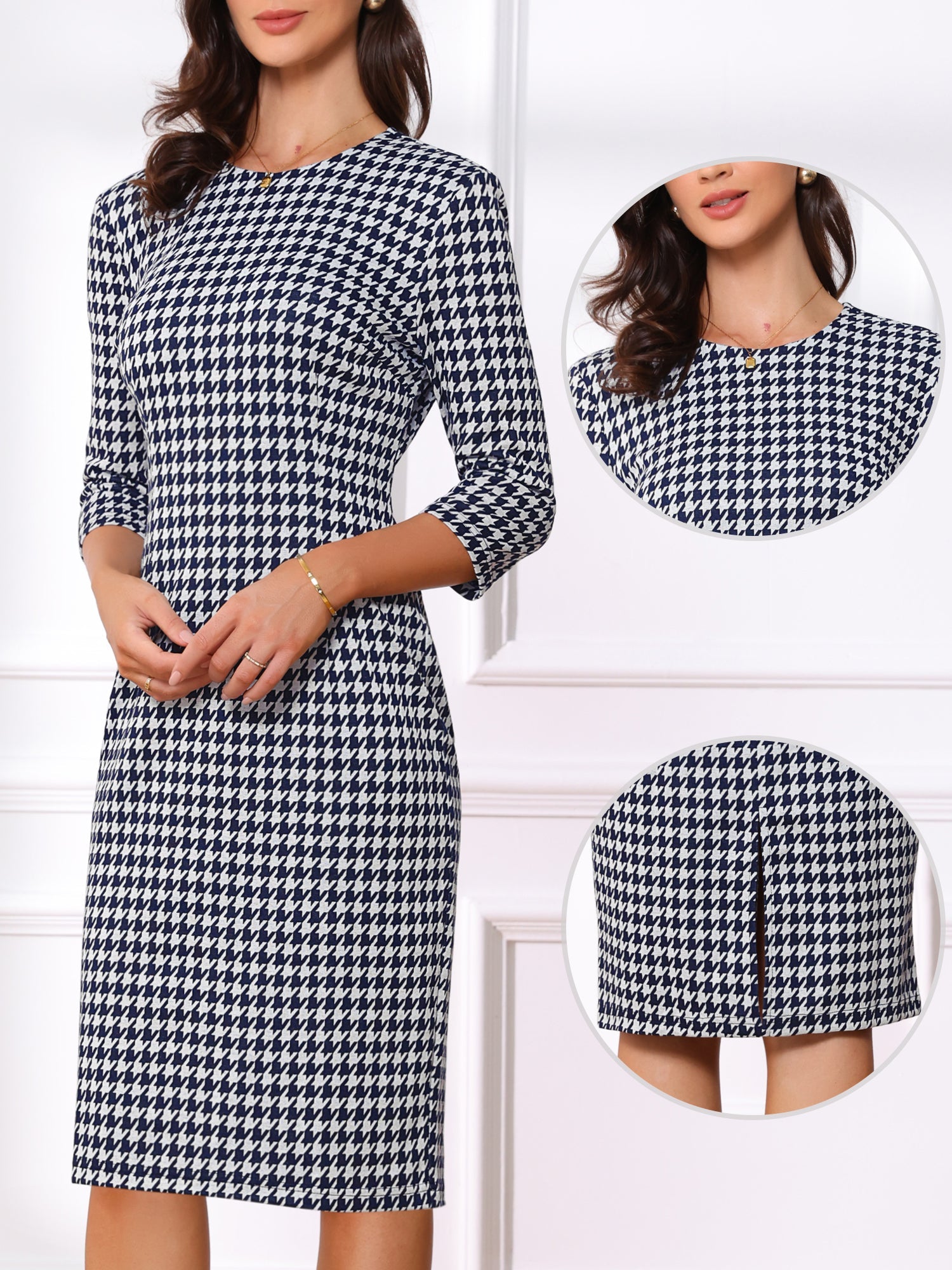 Houndstooth 3/4 Sleeve Elegant Cinched Waist Sheath Dress