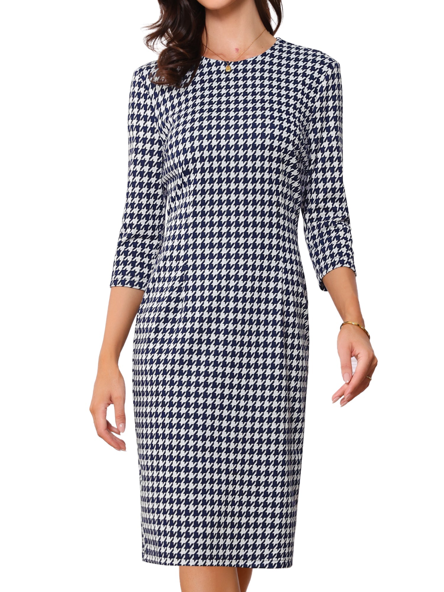 Houndstooth 3/4 Sleeve Elegant Cinched Waist Sheath Dress