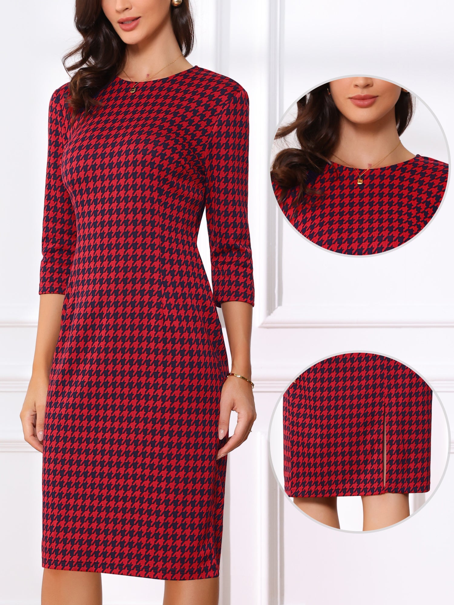 Houndstooth 3/4 Sleeve Elegant Cinched Waist Sheath Dress