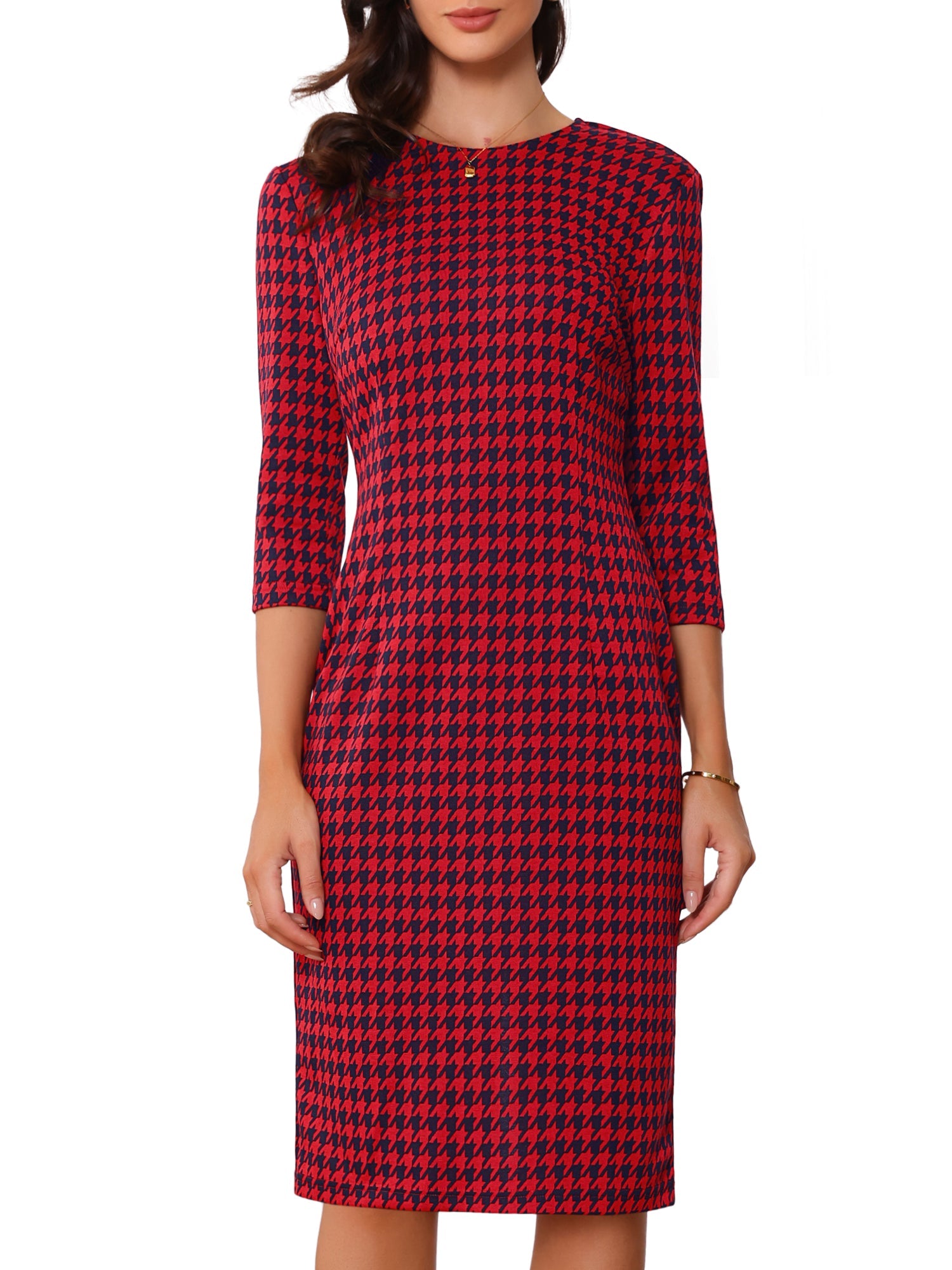 Houndstooth 3/4 Sleeve Elegant Cinched Waist Sheath Dress