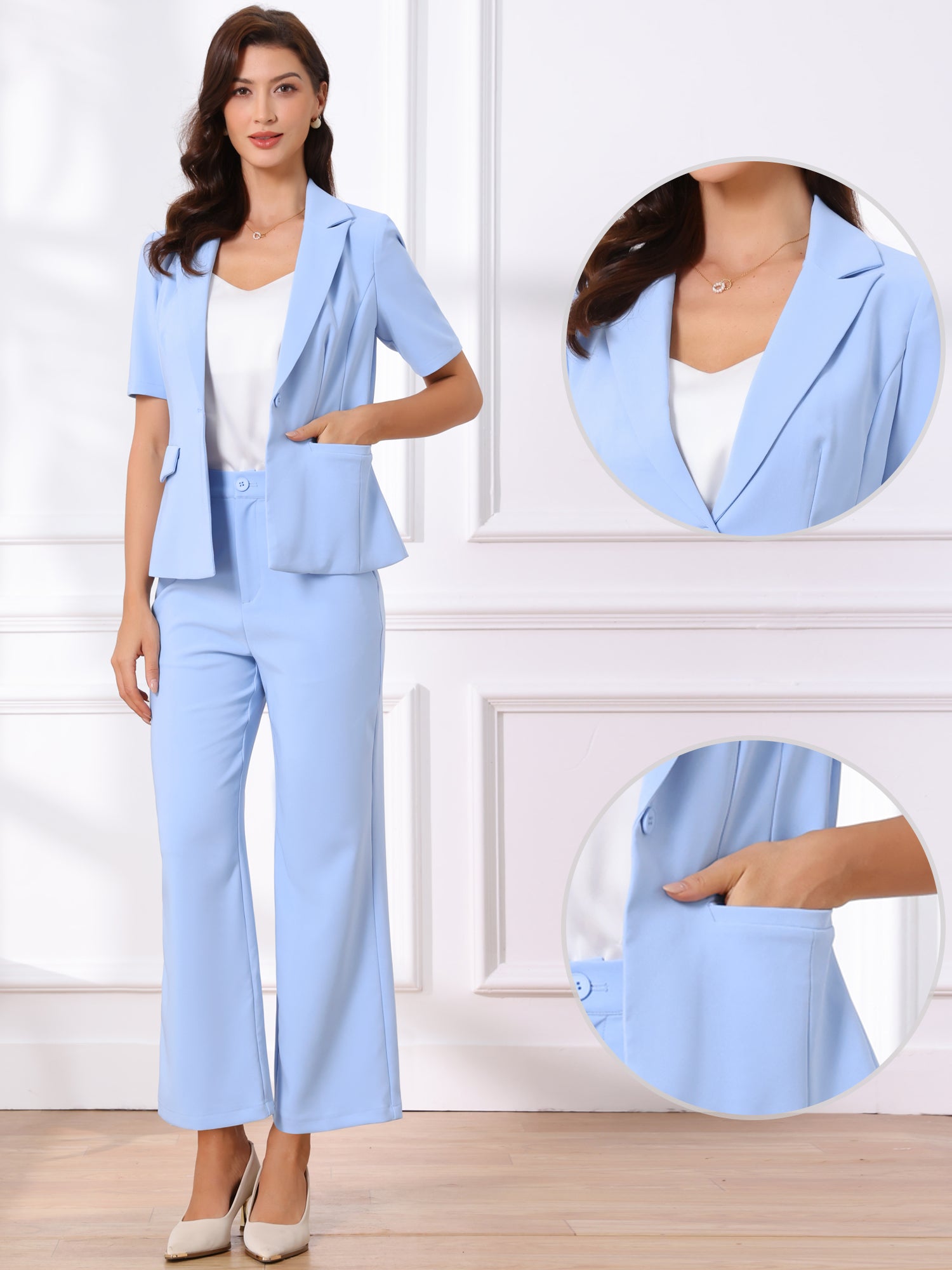 2 Pieces One Button Short Sleeve Blazer Jacket and Suit Pants Office Suit Set
