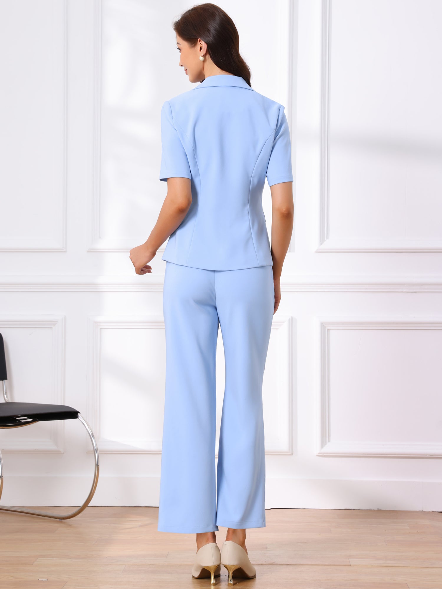 2 Pieces One Button Short Sleeve Blazer Jacket and Suit Pants Office Suit Set