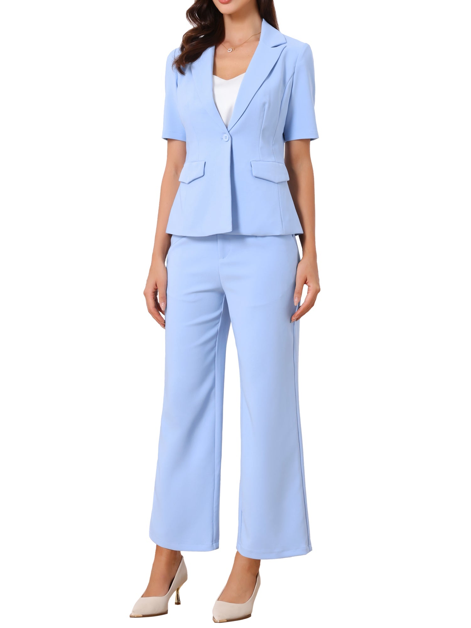 2 Pieces One Button Short Sleeve Blazer Jacket and Suit Pants Office Suit Set