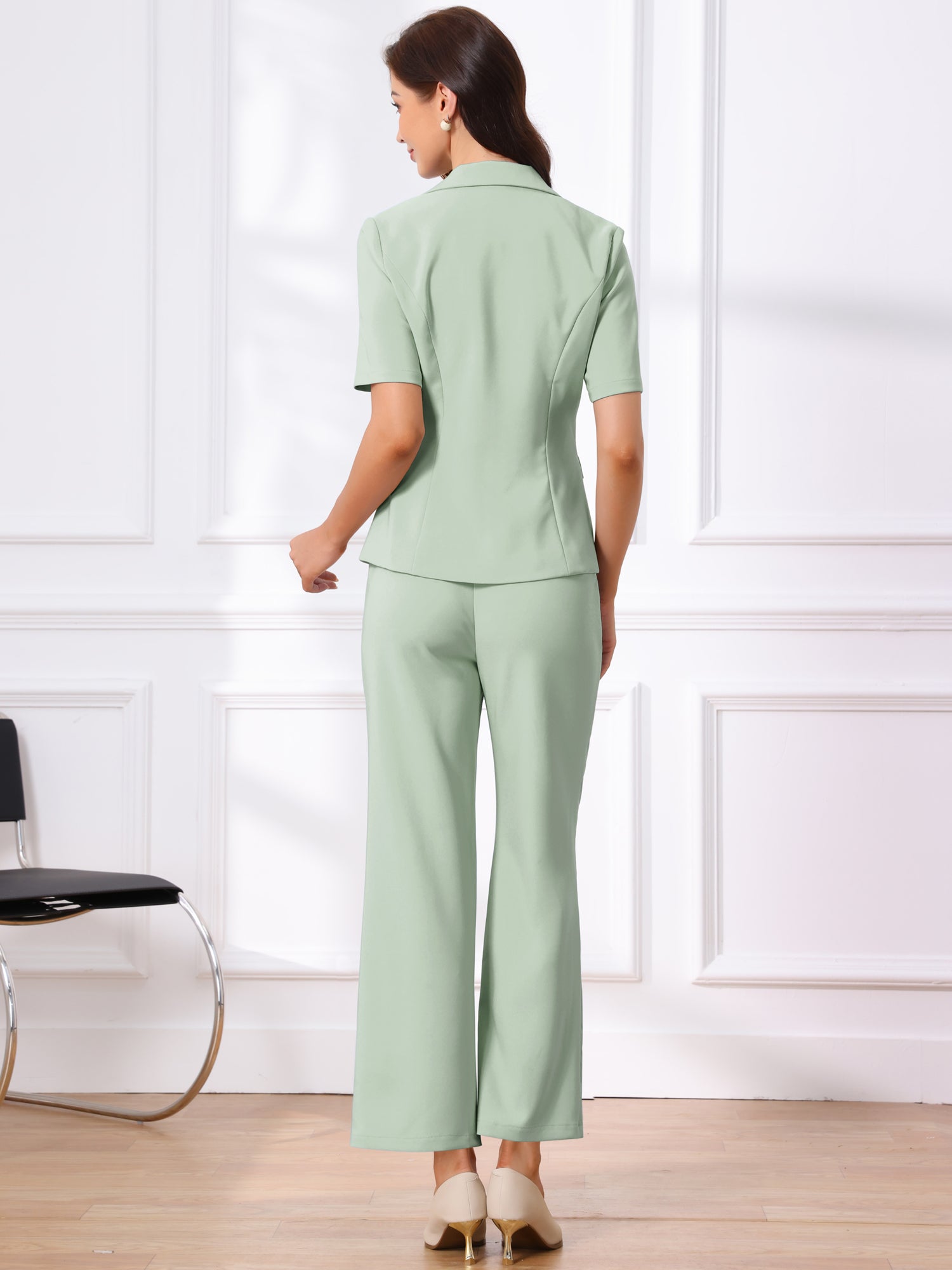 2 Pieces One Button Short Sleeve Blazer Jacket and Suit Pants Office Suit Set