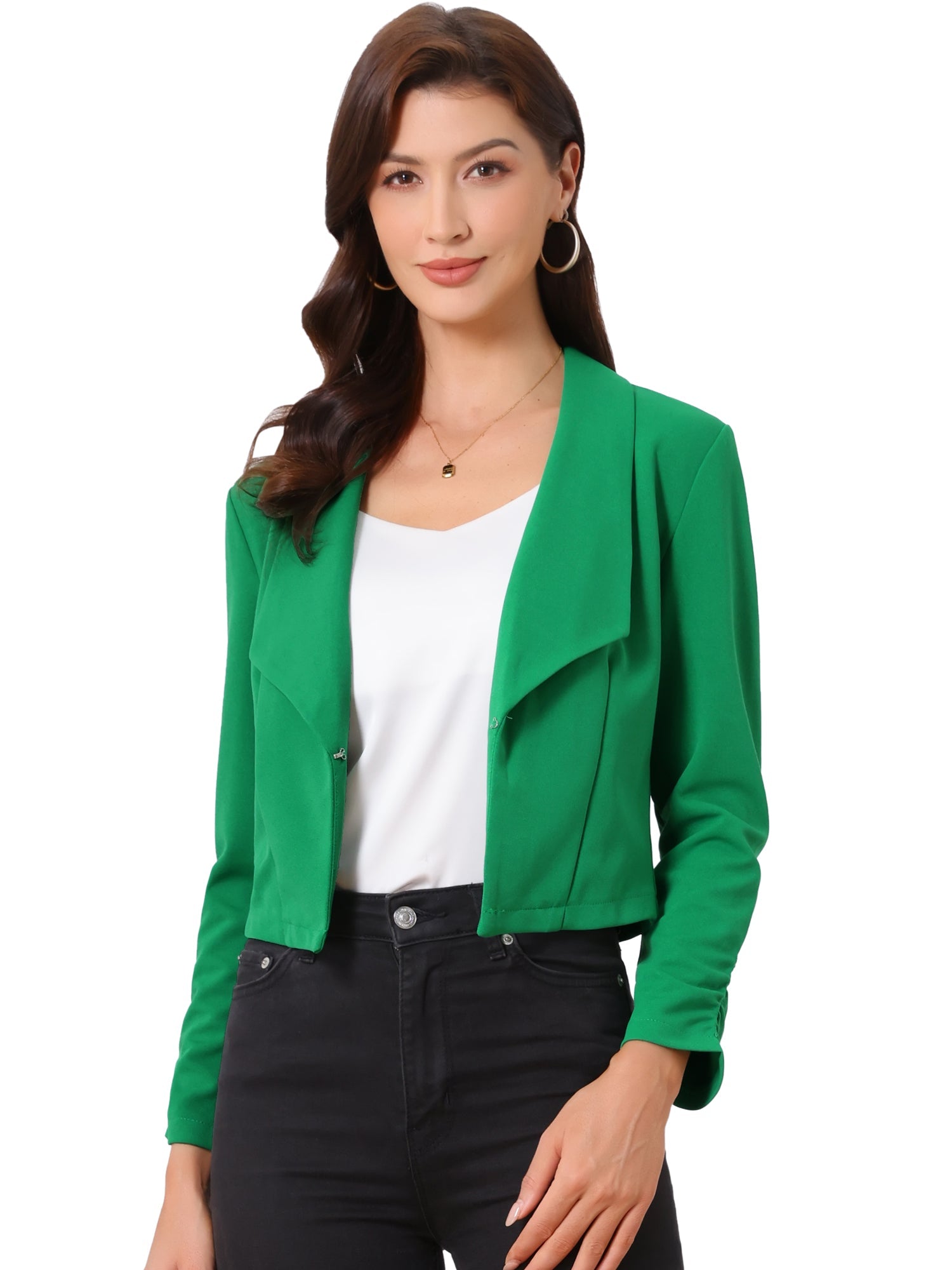 Notched Lapel Ruched Sleeve Business Cropped Jacket Blazer
