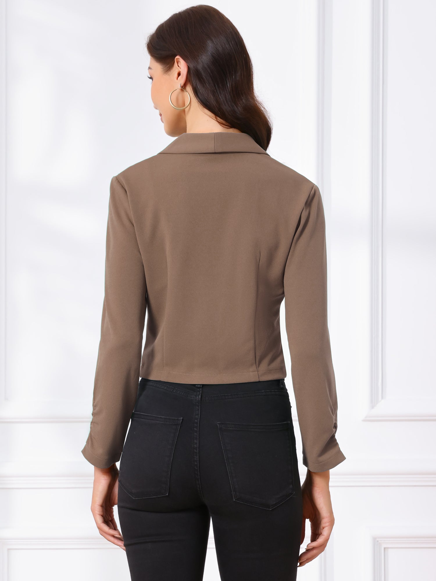 Notched Lapel Ruched Sleeve Business Cropped Jacket Blazer