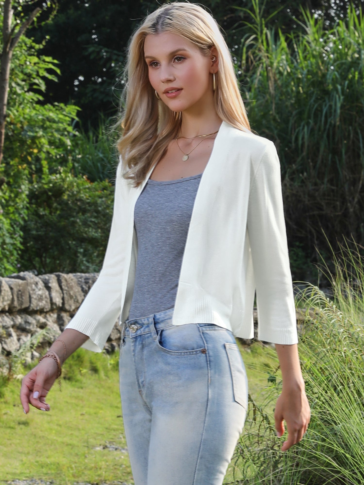 3/4 Sleeve Open Front Knitted Cropped Cardigan