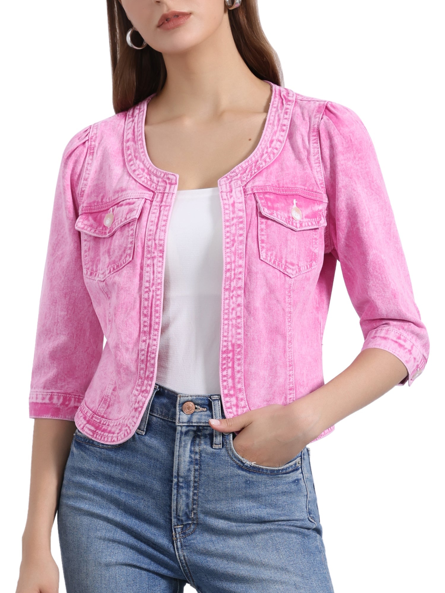 Denim Collarless Pockets 3/4 Sleeve Feminine Style Jacket