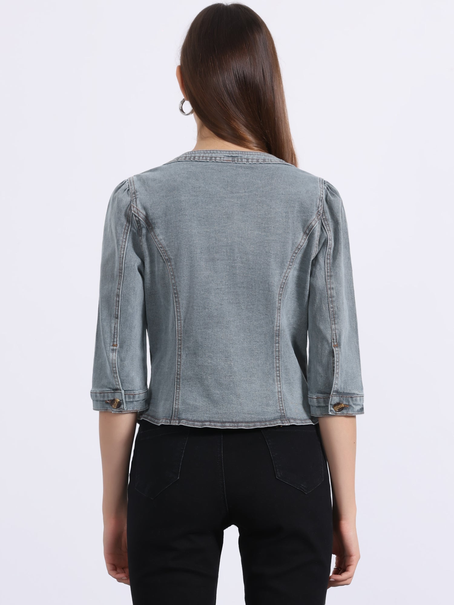 Denim Collarless Pockets 3/4 Sleeve Feminine Style Jacket