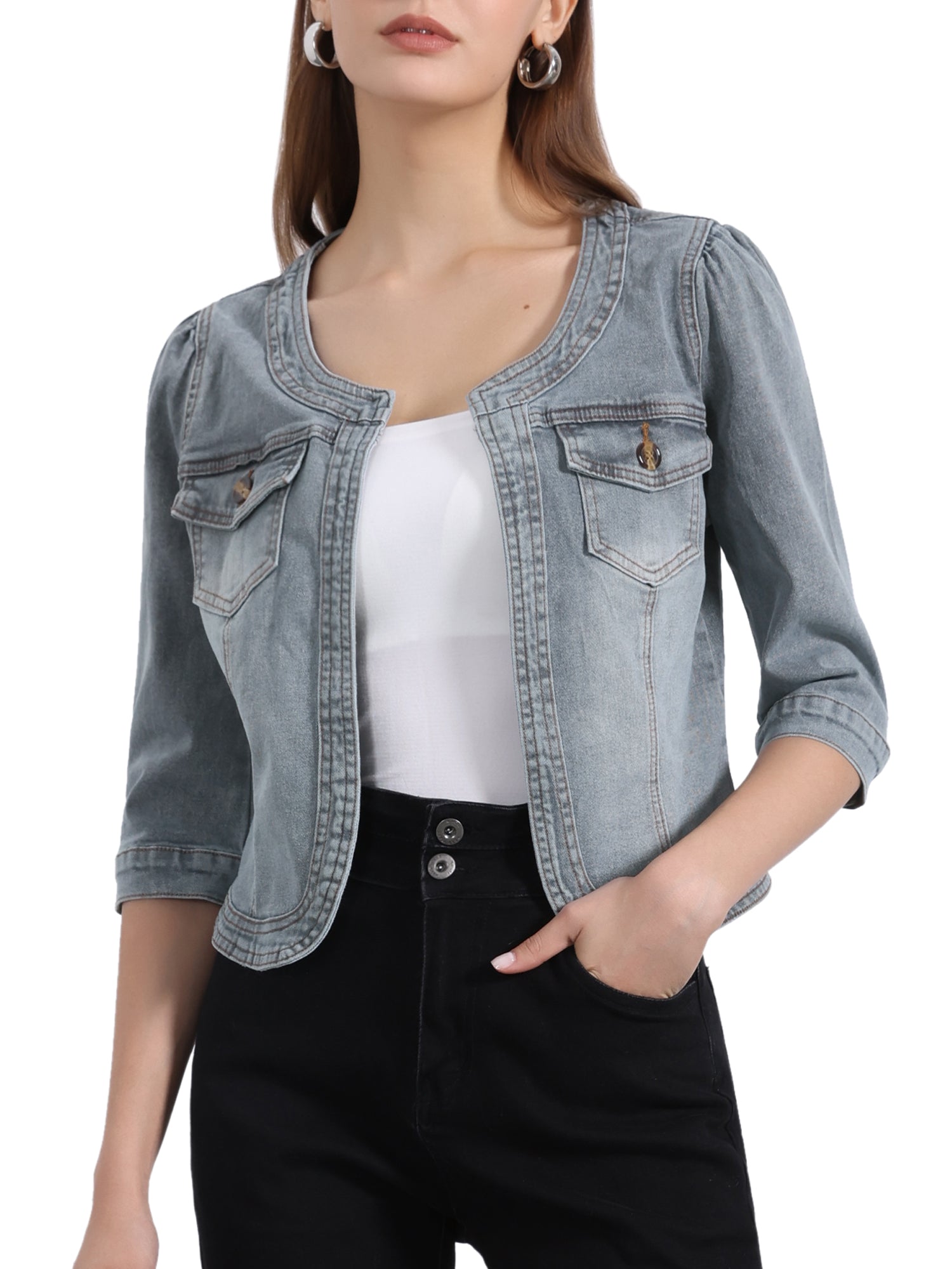 Denim Collarless Pockets 3/4 Sleeve Feminine Style Jacket