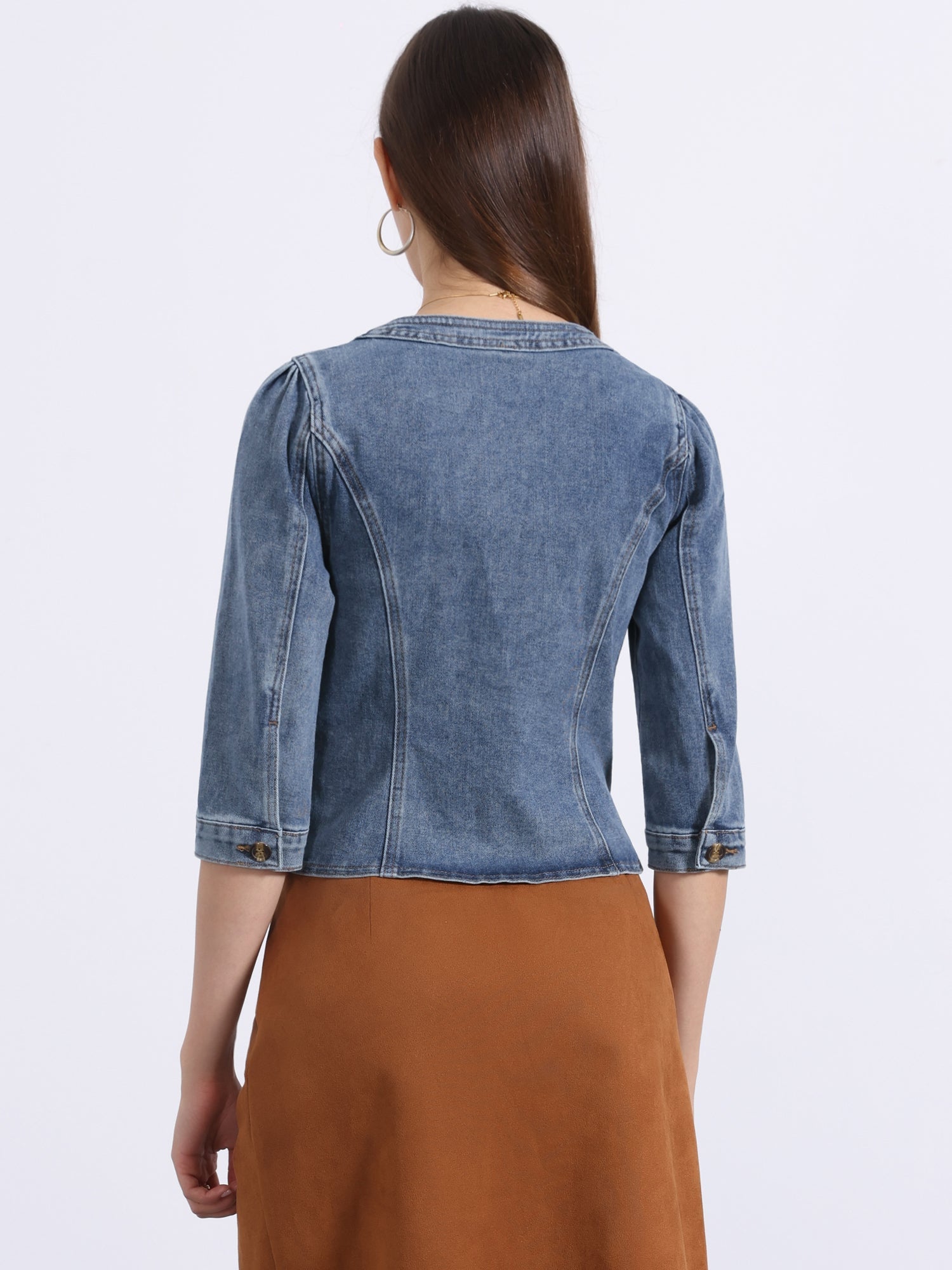 Denim Collarless Pockets 3/4 Sleeve Feminine Style Jacket