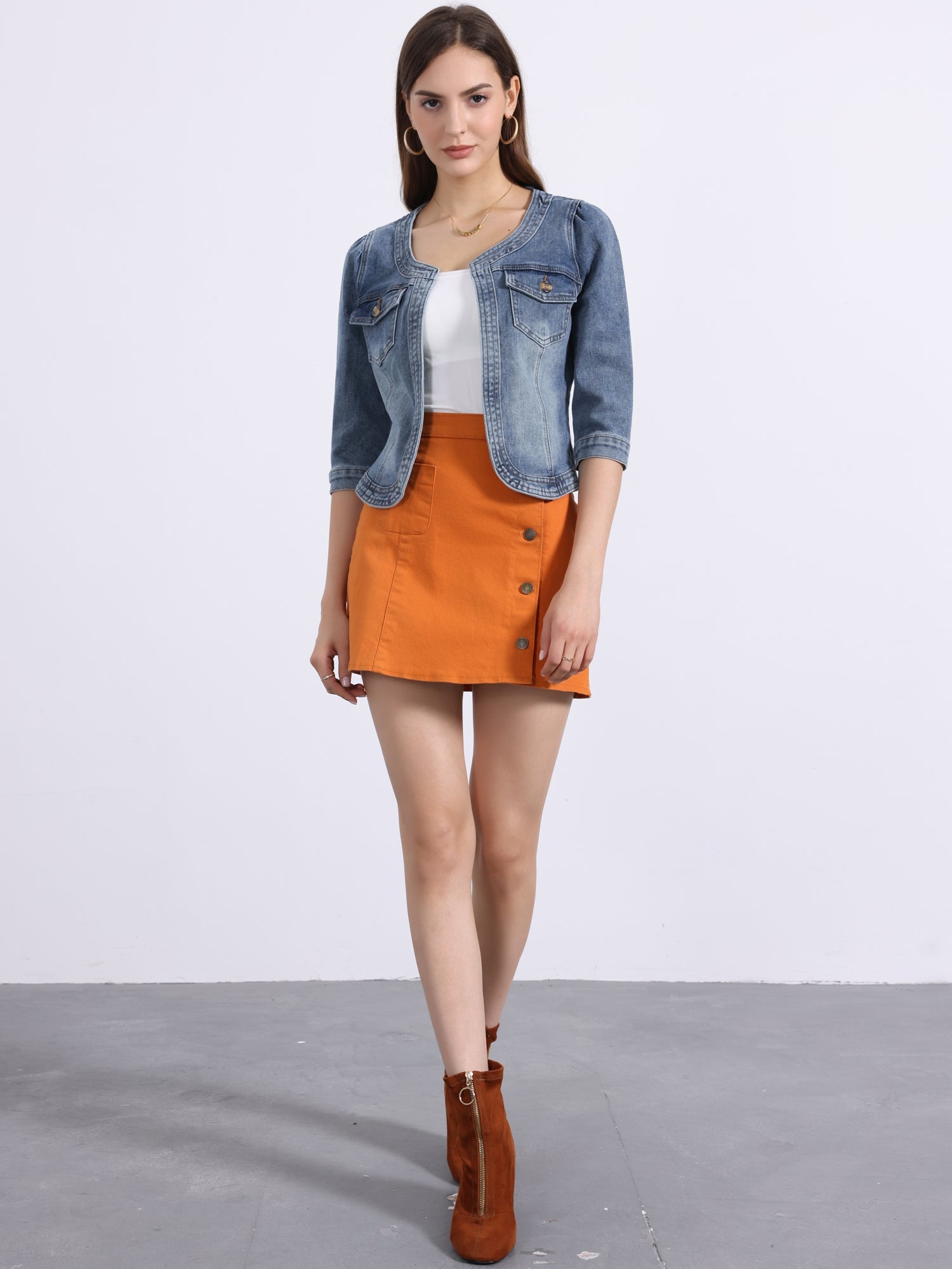 Denim Collarless Pockets 3/4 Sleeve Feminine Style Jacket