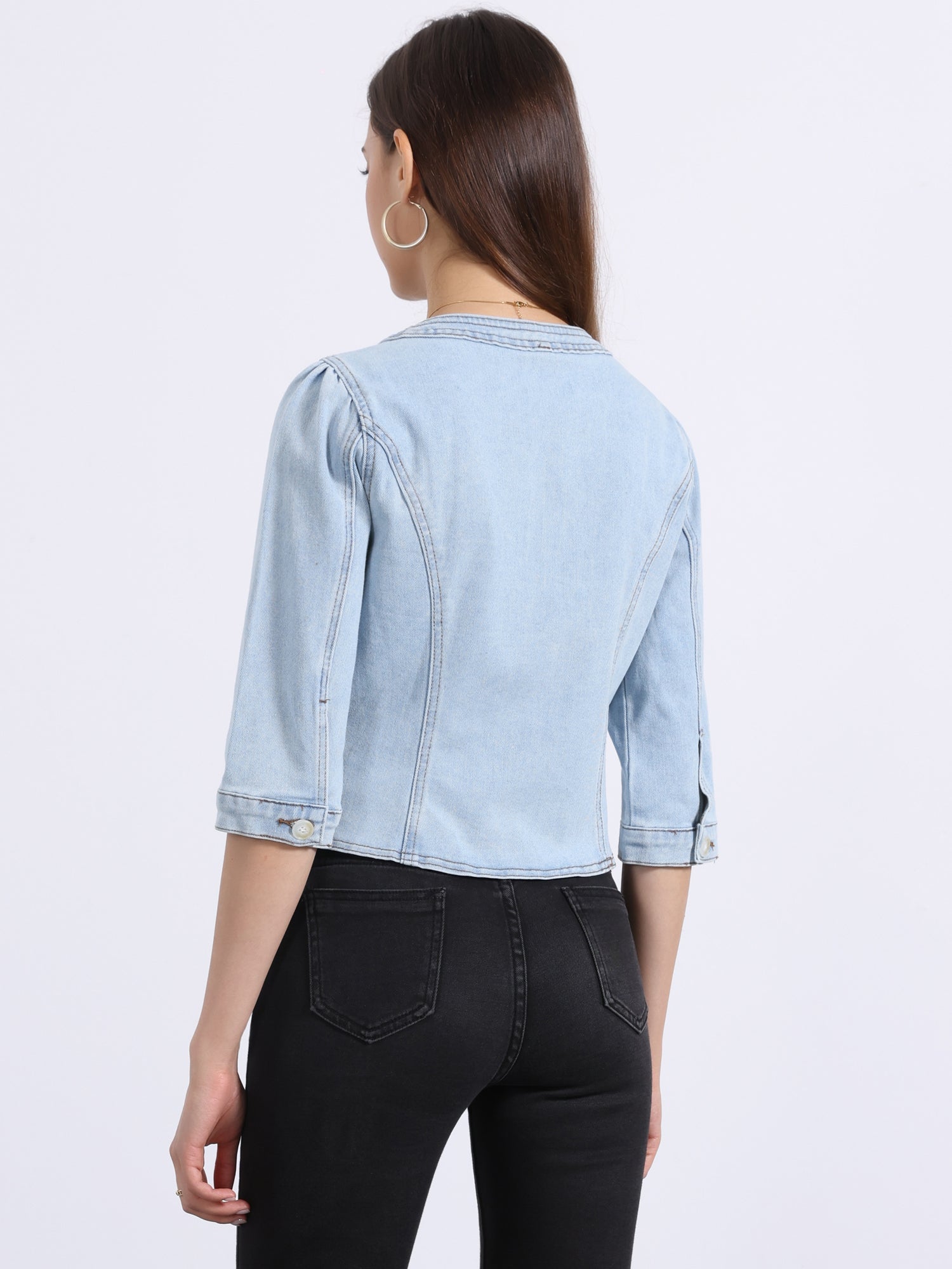 Denim Collarless Pockets 3/4 Sleeve Feminine Style Jacket